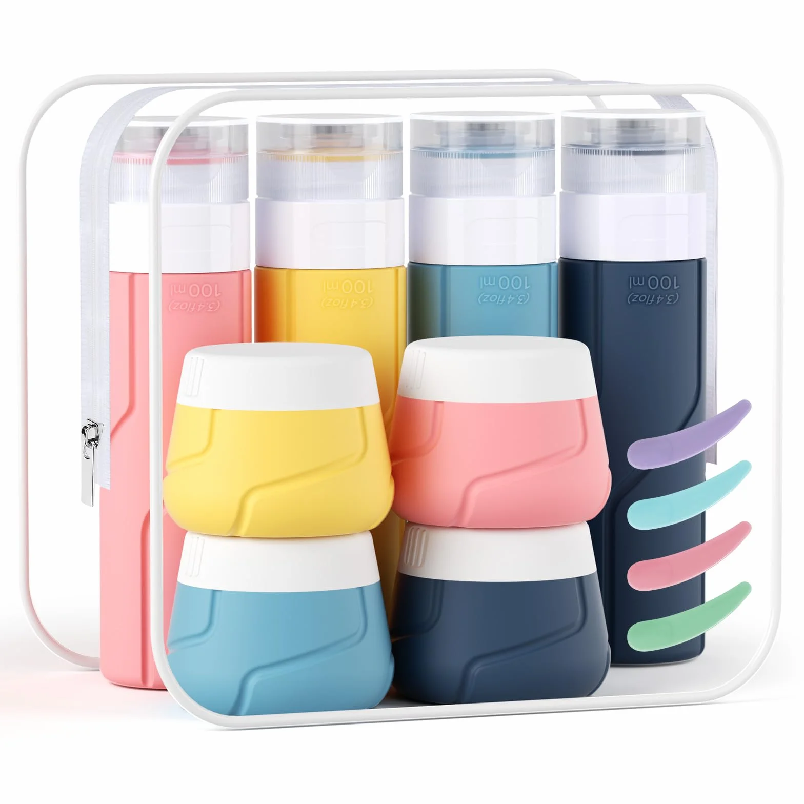 Alyvisun Set 14 Contenitori da Viaggio in Silicone, Flaconi 100 ml & Vasetti 30 ml, Kit Liquidi Antiperdita Ricaricabile per Shampoo, Lozione, Creme
