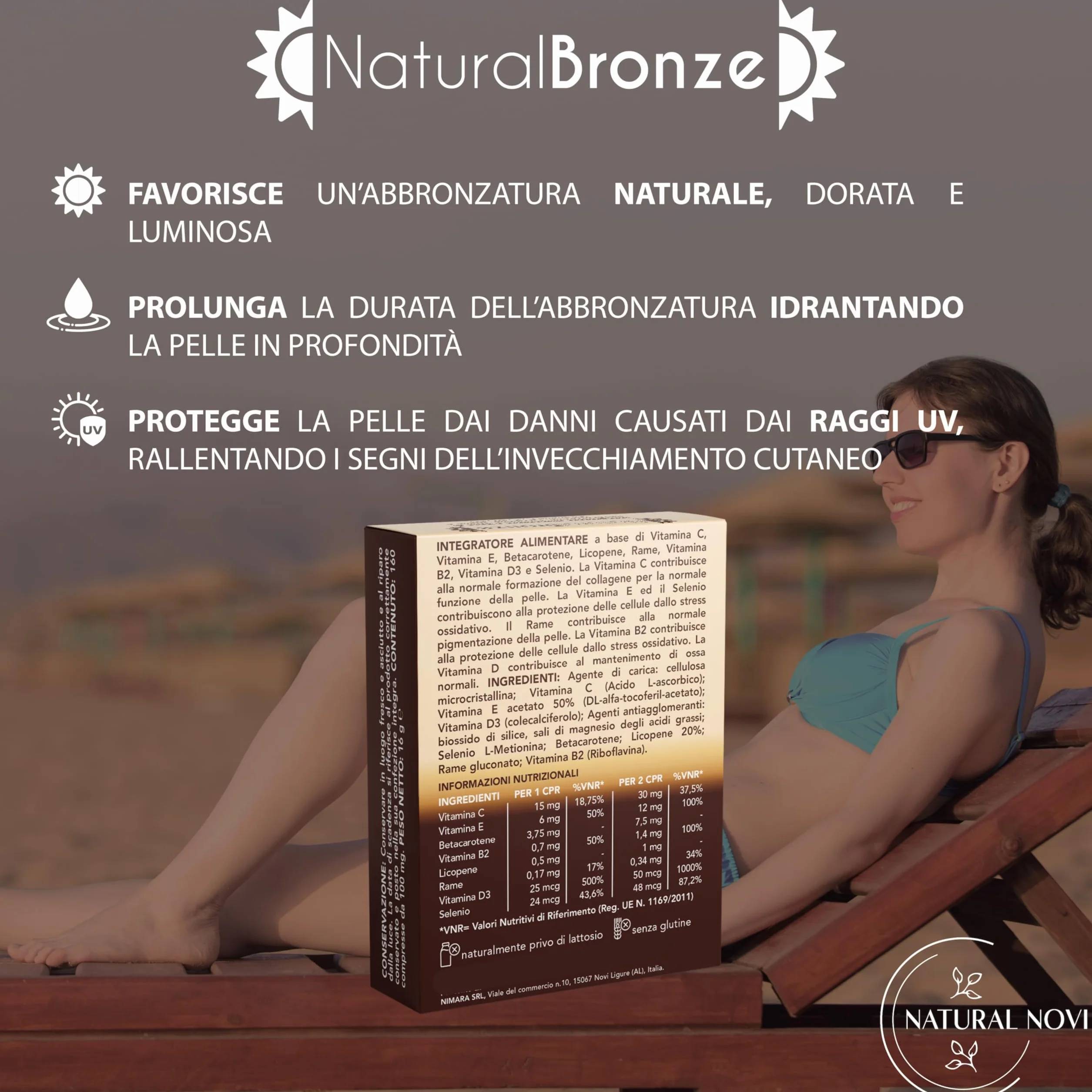 NaturalBronze Integratore Abbronzatura 160 compresse Betacarotene Licopene Rame Selenio Vitamine B C D E