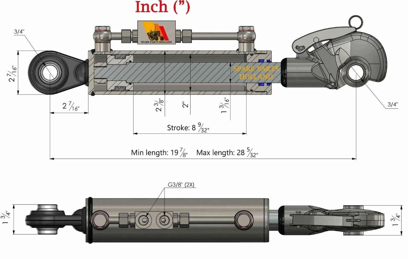Terzo punto idraulico per trattore CAT 1, Gancio di Cattura 19 7/8" - 28 5/32", Bloccaggio Blocchi Tubi Corsa 8 9/32"