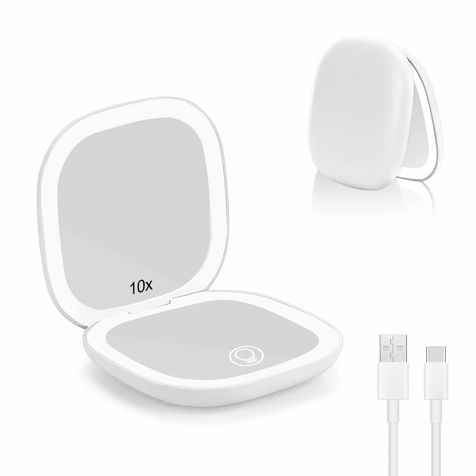 Collazoey LED Specchio Ingranditore, 1X/10X Specchietto da Borsetta, Chargement par USB, 3 Luci Regolabile Portatile Specchio da Viaggio, Interruttore Magnetico Pieghevole Piccolo Mirror (Bianco)