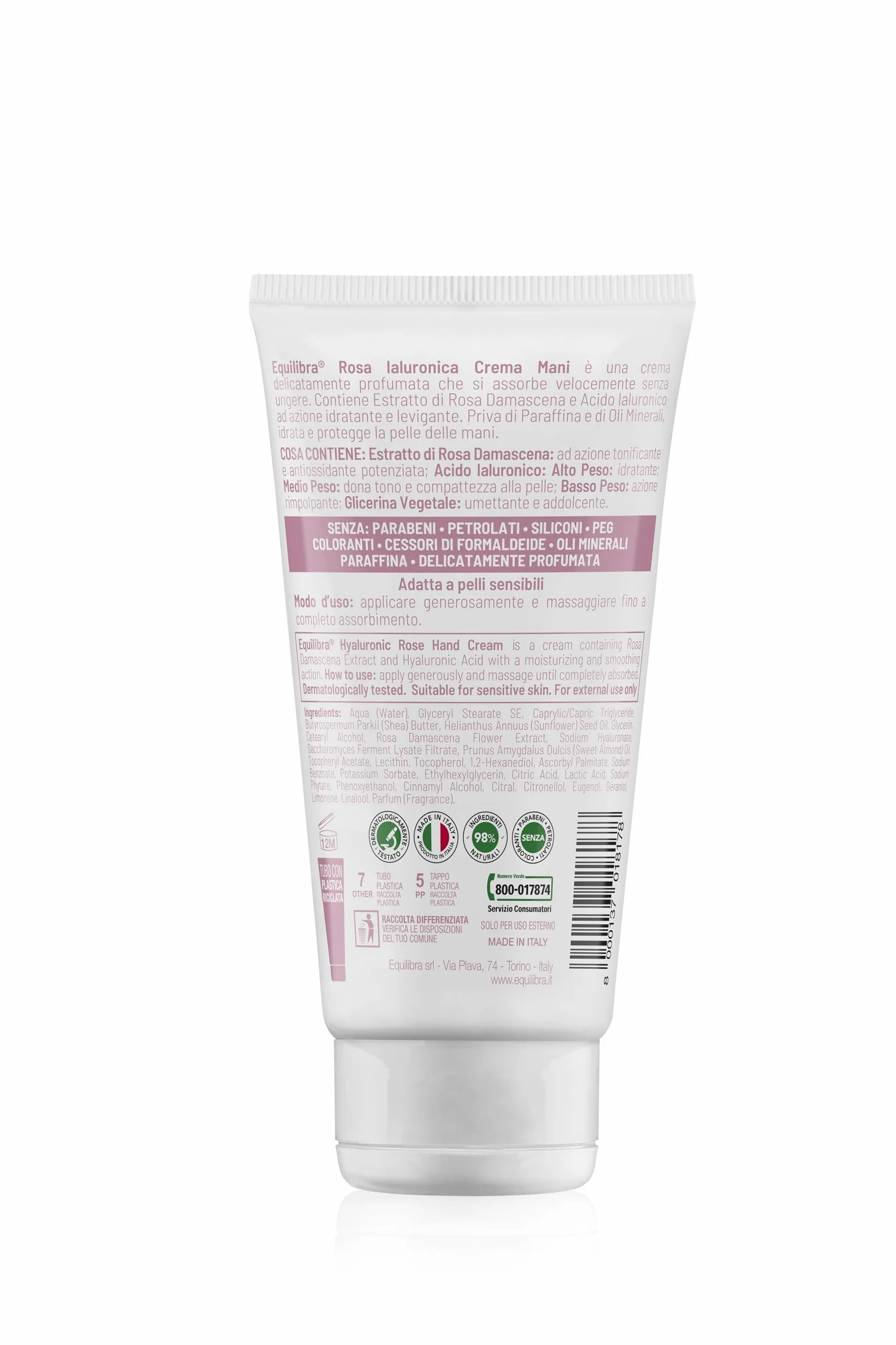 Equilibra, Crema Mani, Levigante e Protettiva, 75ml, con Estratto di Rosa Damascena, Acido Ialuronico e Glicerina Vegetale, 98% Origine Naturale, Assorbimento Rapido, Non Unge, Delicatamente Profumata