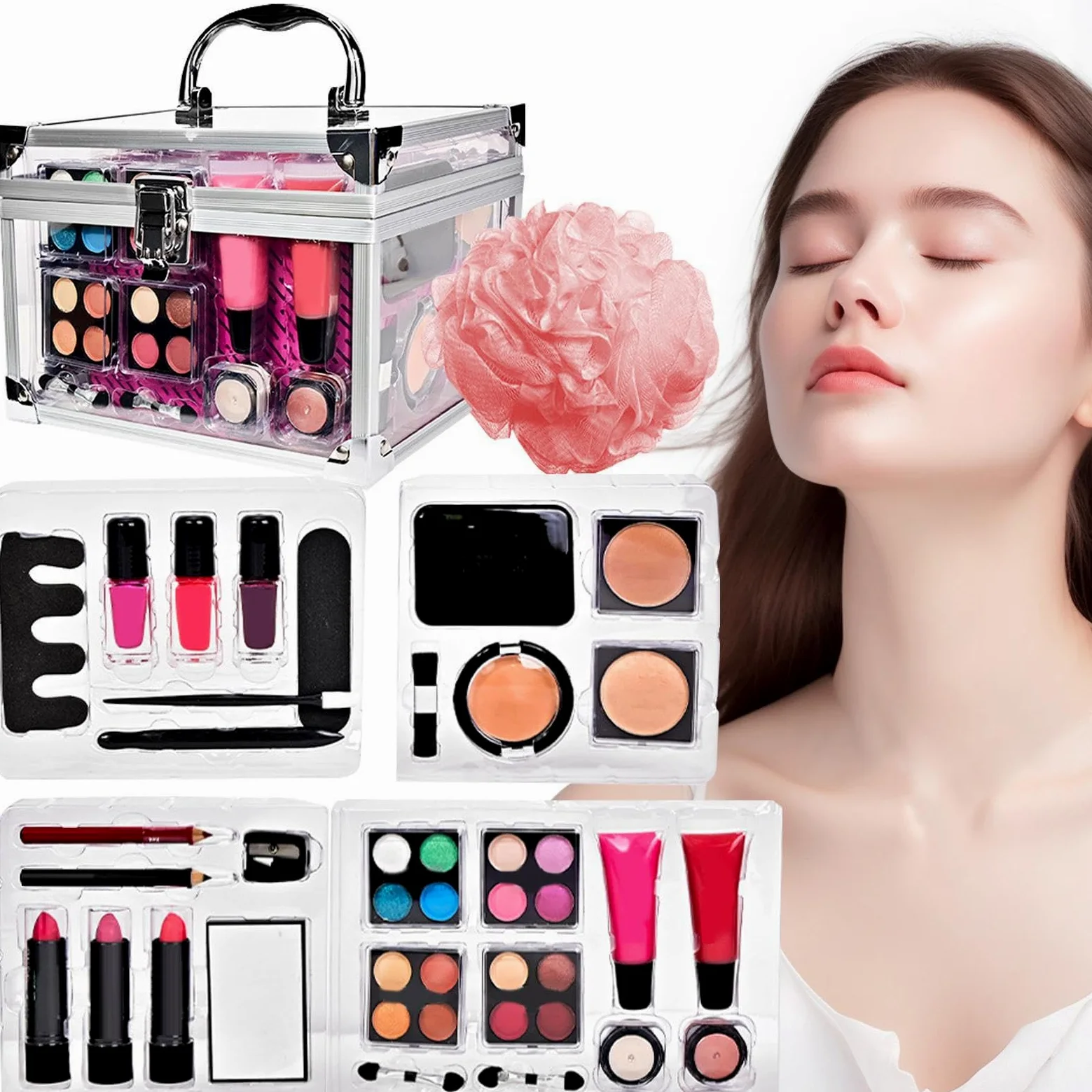 Kit Di Trucco Per Donna Set Da Viaggio Compatto Con | Portatrucchi con Ombretti Fard Pennelli per Adolescenti Viaggio Teatro Matrimonio Sposa Halloween