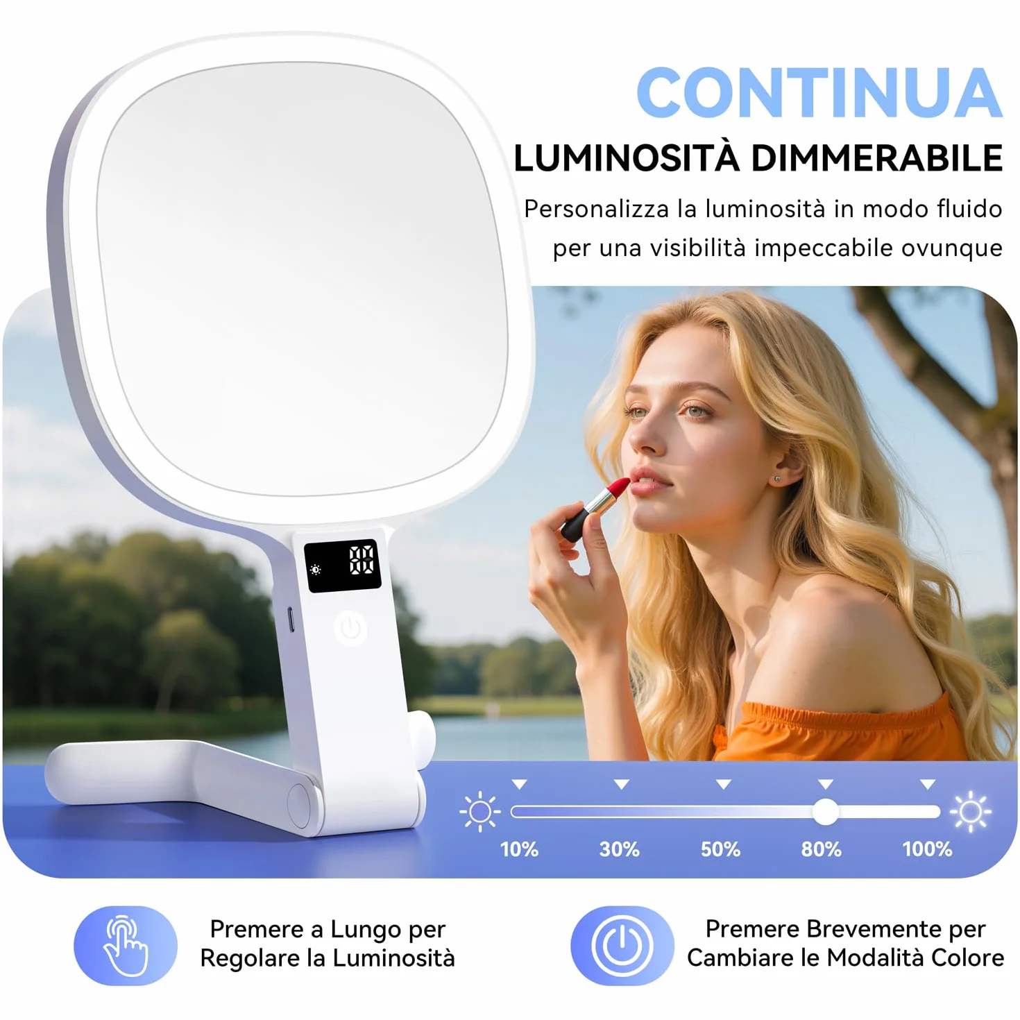 Auxmir Specchio Ingranditore Bifacciale 30X/1X con Luci LED 3 Colori Regolabile, Specchio da Tavolo Pieghevole Ricaricabile