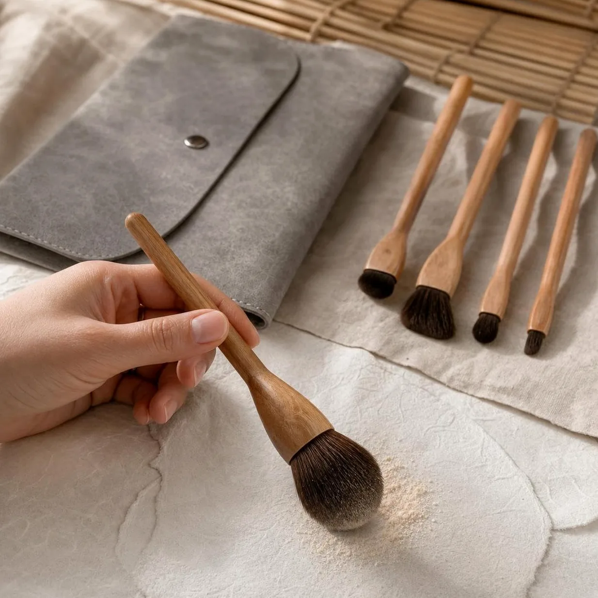 Kit Pennelli da Trucco Professionali con Manico in Legno e Fibra Sintetica per e Trucco, per bellezza - per uso quotidiano, Set di 5 pennelli quotidiani con borsa a busta grigia