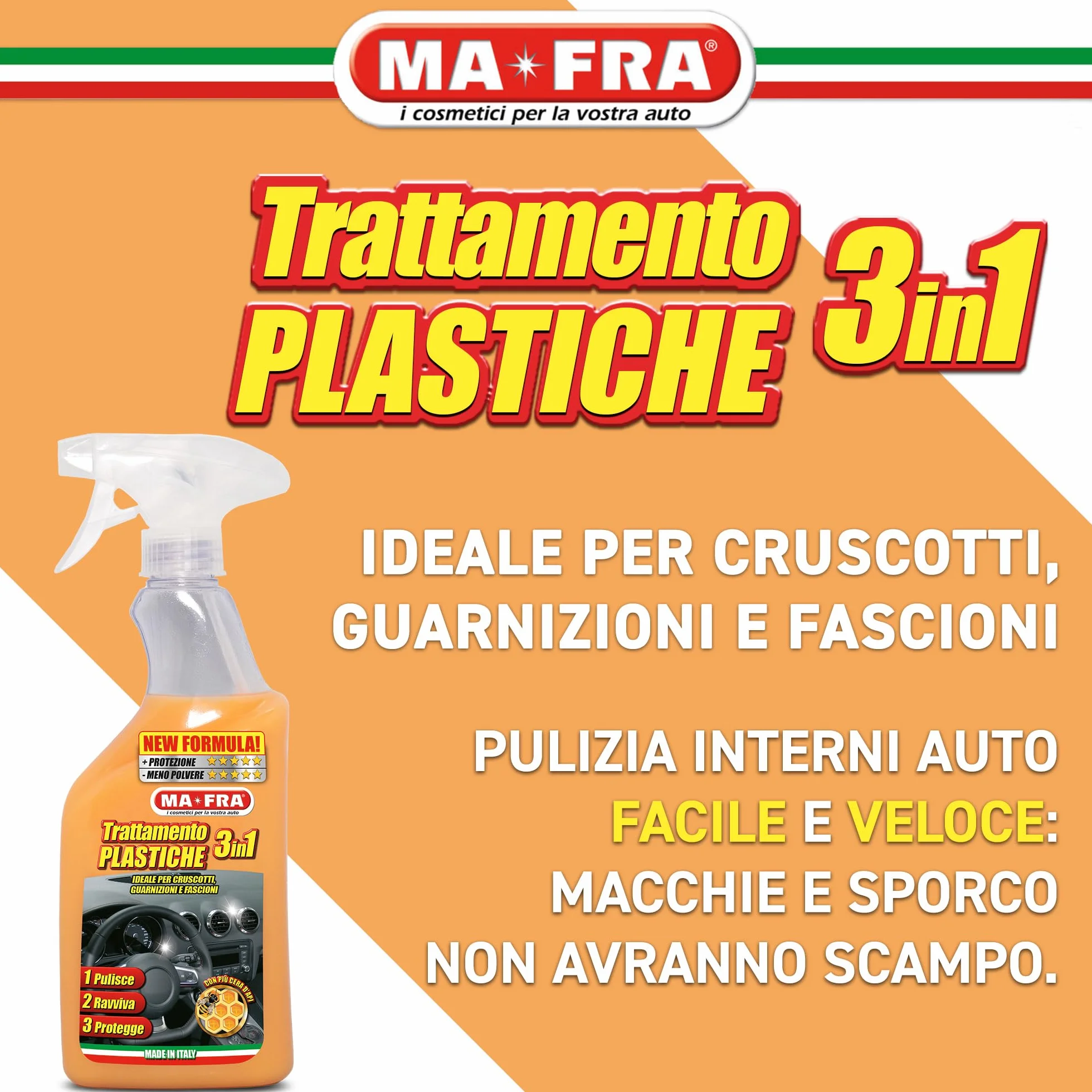 Ma-Fra Trattamento 3in1 Plastiche 500ml Pulisce Ravviva Protegge Cruscotti Guarnizioni Barriera Anti UV