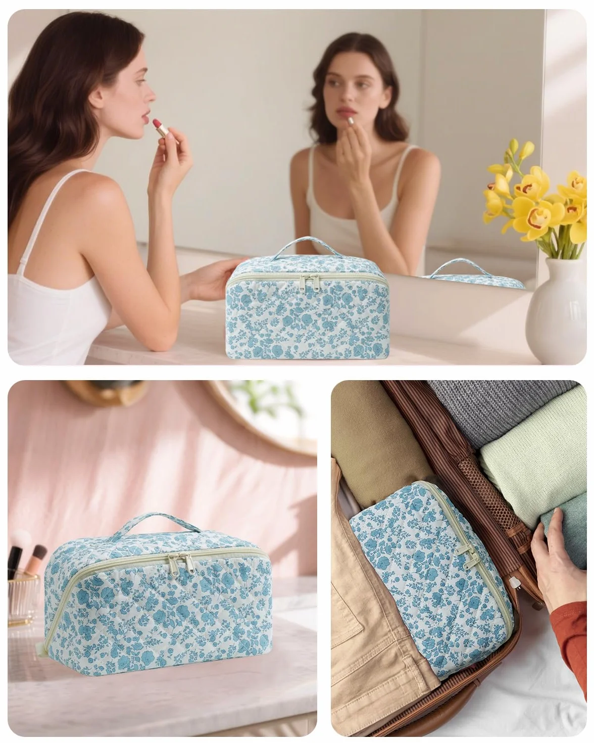 Wandering Nature Beauty Case Donna da Viaggio Impermeabile – Trousse Make Up Grande con Scomparti e Tasca Pennelli, Borsa Trucco Elegante con Manico e Divisorio Trasparente