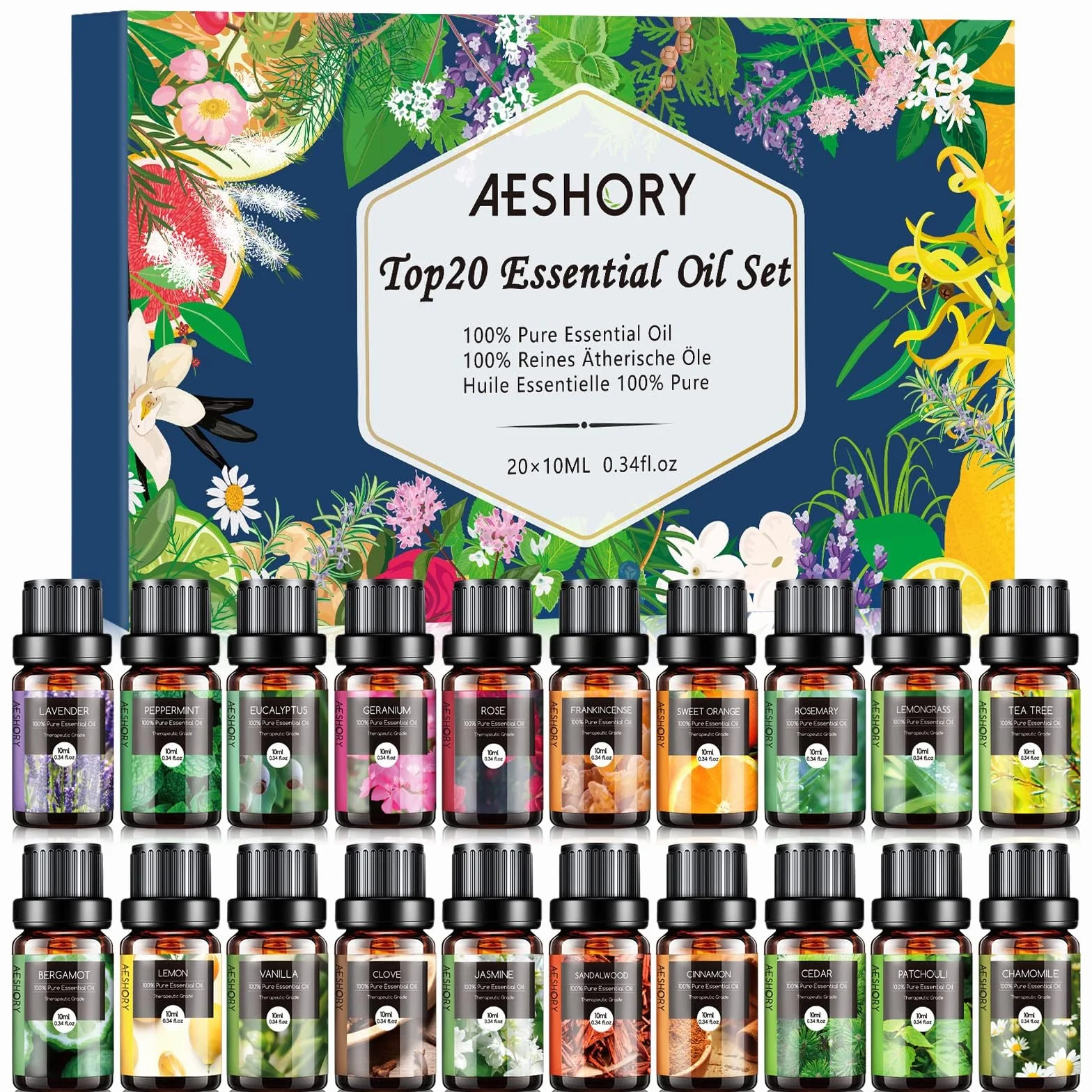 AESHORY Set di Oli Essenziali 20 x 10ml,100% Olio Essenziale Puri e Naturali per Diffusori Umidificatore, Kit Oli Essenziali per Aromaterapia, Candele Fai Da Te, Profumate, SPA, Massaggi