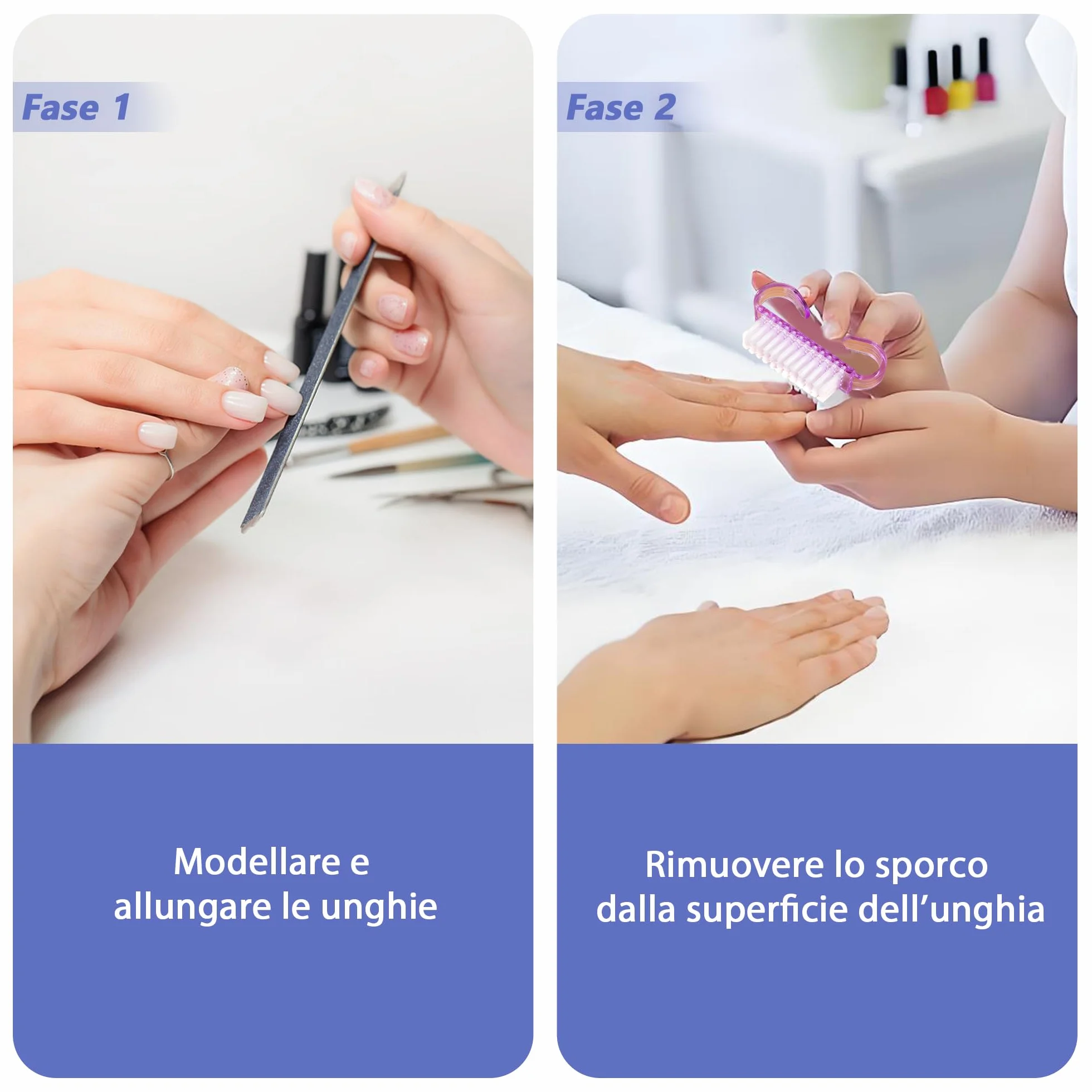 Set 4 pezzi Spazzolino unghie mani con manico, Spazzola per unghie portatile