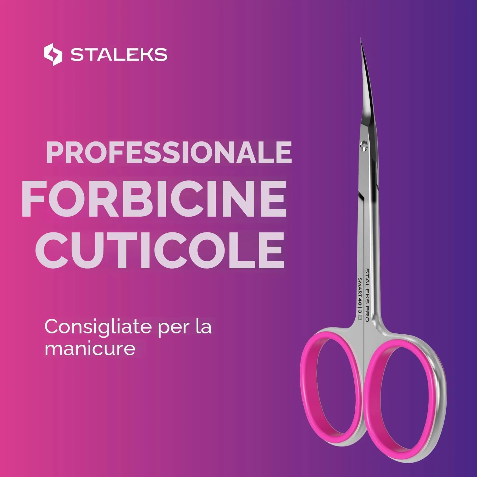 STALEKS Pro Forbici Professionali per Pelle Cuticola Lame Curvo Classico Manici in Silicone Rosa Affilatura Manuale Smart 40 Type 3