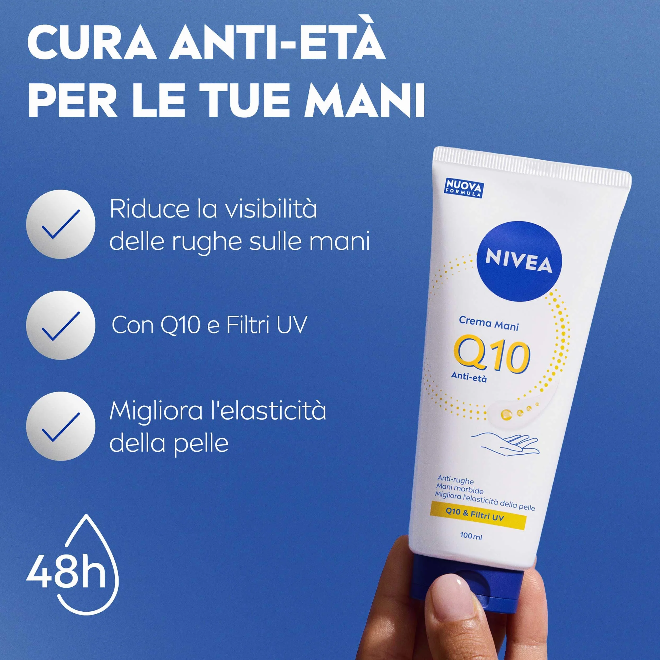 NIVEA Q10 Crema Mani Anti-Età 100 ml, Crema mani antiage e idratante 48h, Hand cream antirughe con Coenzima Q10 e Filtri UV, Migliora l'elasticità, Assorbimento rapido, Per tutti i tipi di pelle