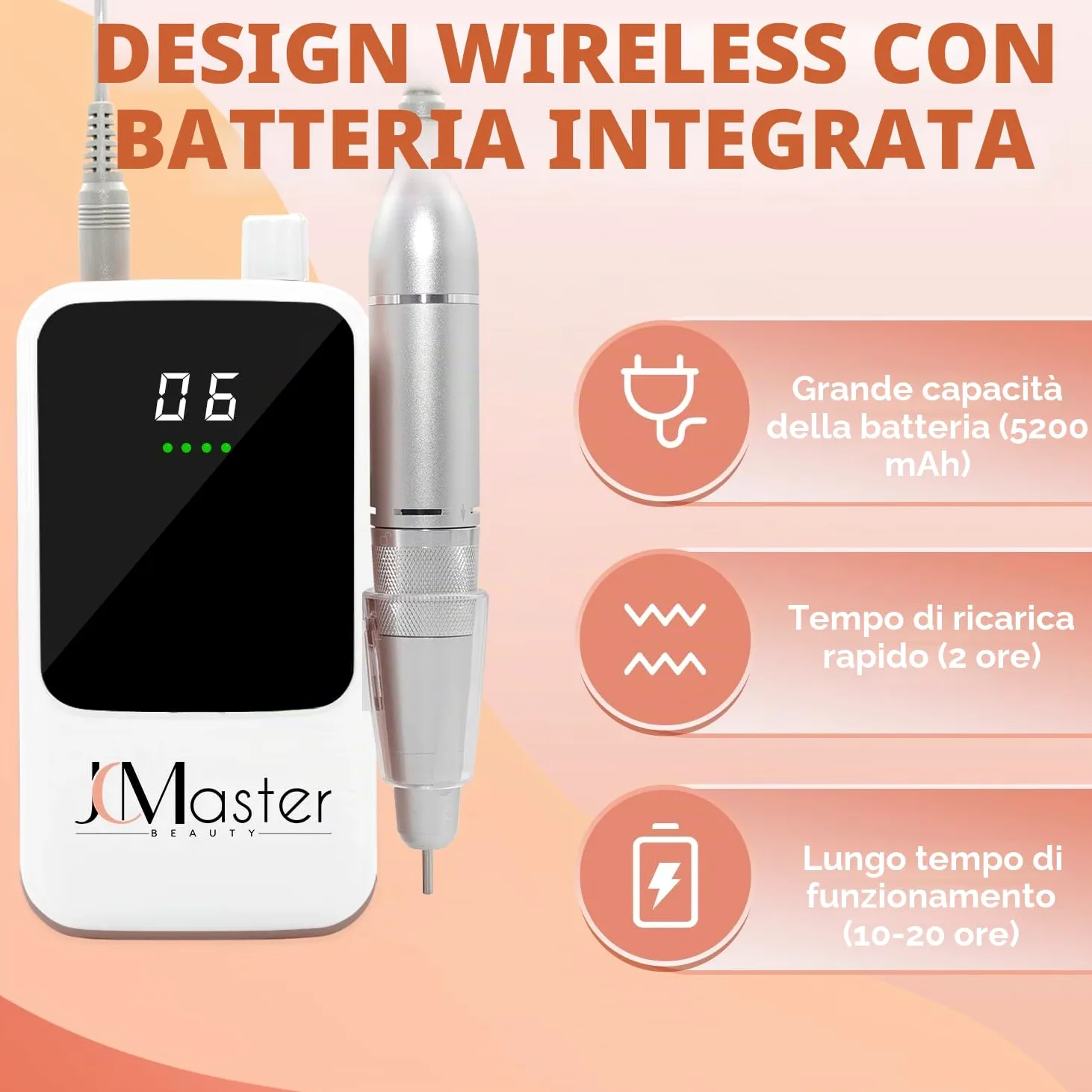 Fresa unghie professionale JCMaster, 35.000 U/min, lima elettrica portatile per unghie in gel e acrilico, batteria ricaricabile, incl. 12 punte, comando a pulsante.