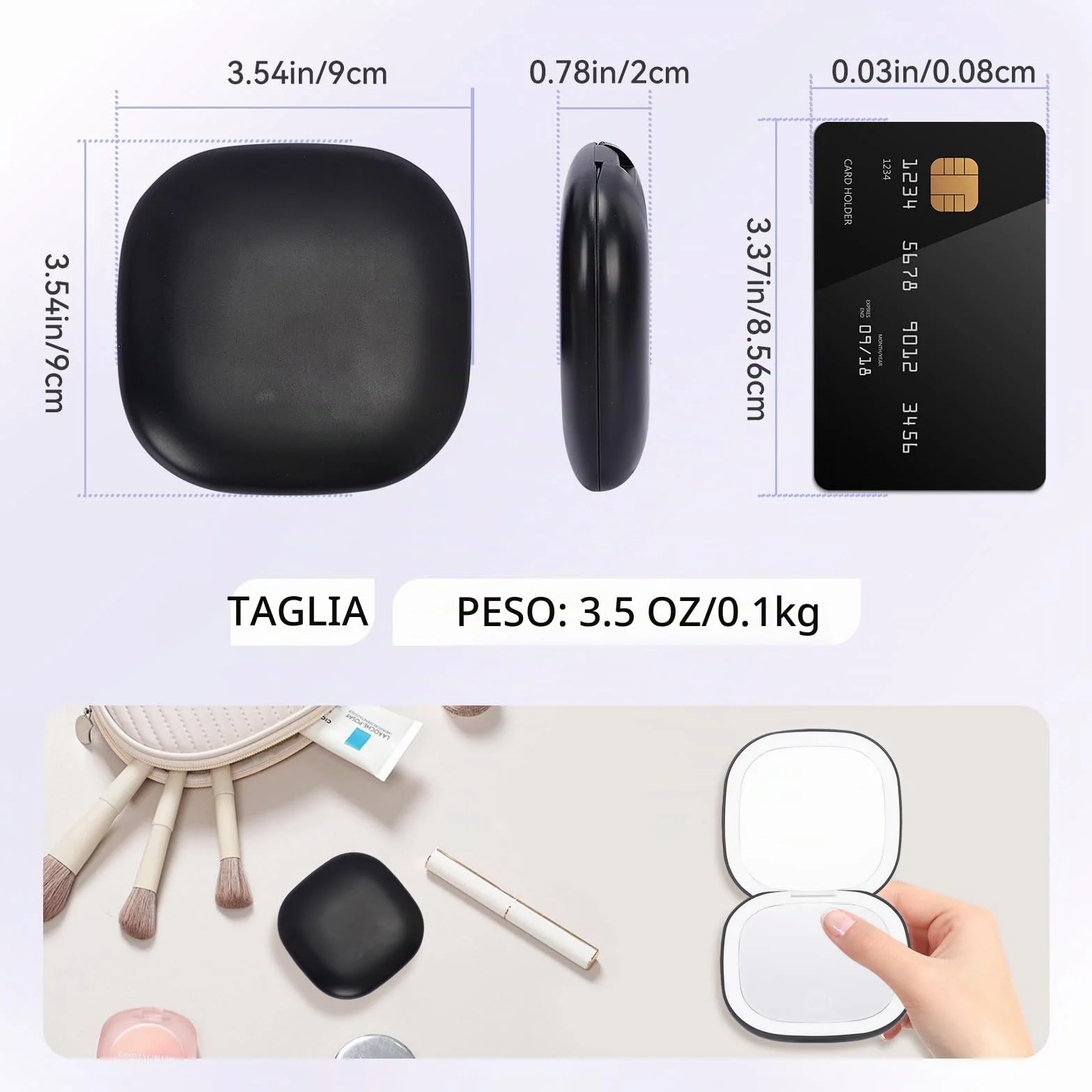Specchio Portatile con Luce LED Ingranditore 1X/10X Regolabile Luminosità per Trucco Nero
