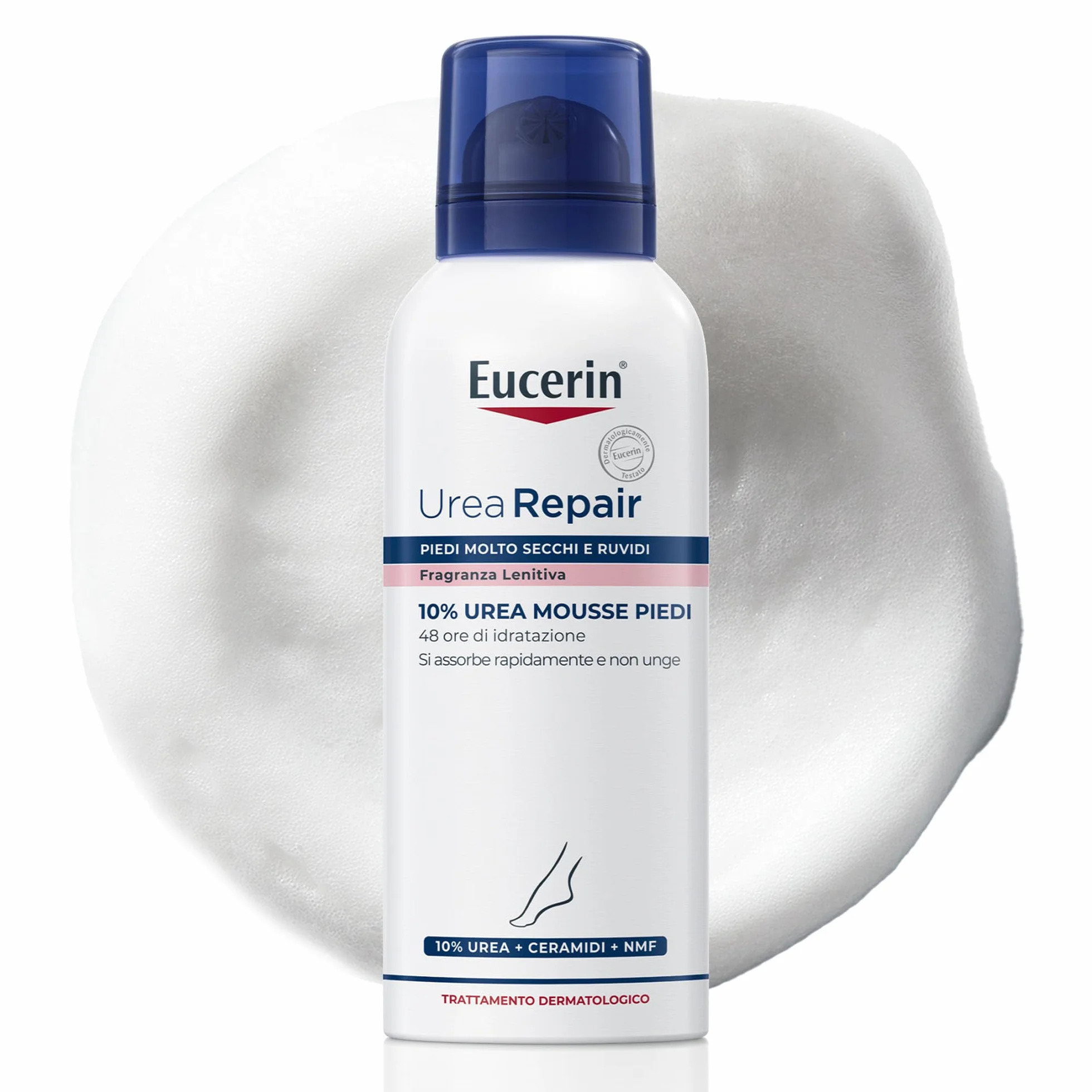Eucerin Urea Repair 10% Mousse Piedi 150 ml Schiuma piedi idratazione sollievo 48h Urea Ceramidi rigenerante talloni secchi screpolati