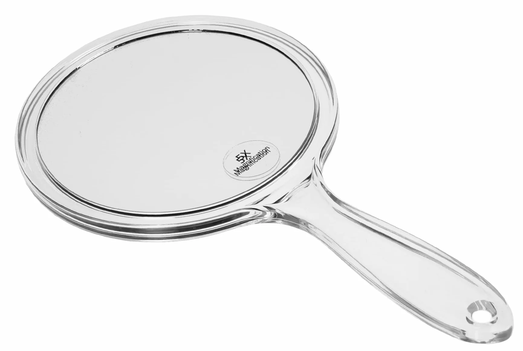 Specchio a mano con manico ingrandimento 5x diametro 15 cm lunghezza 27 cm acrilico