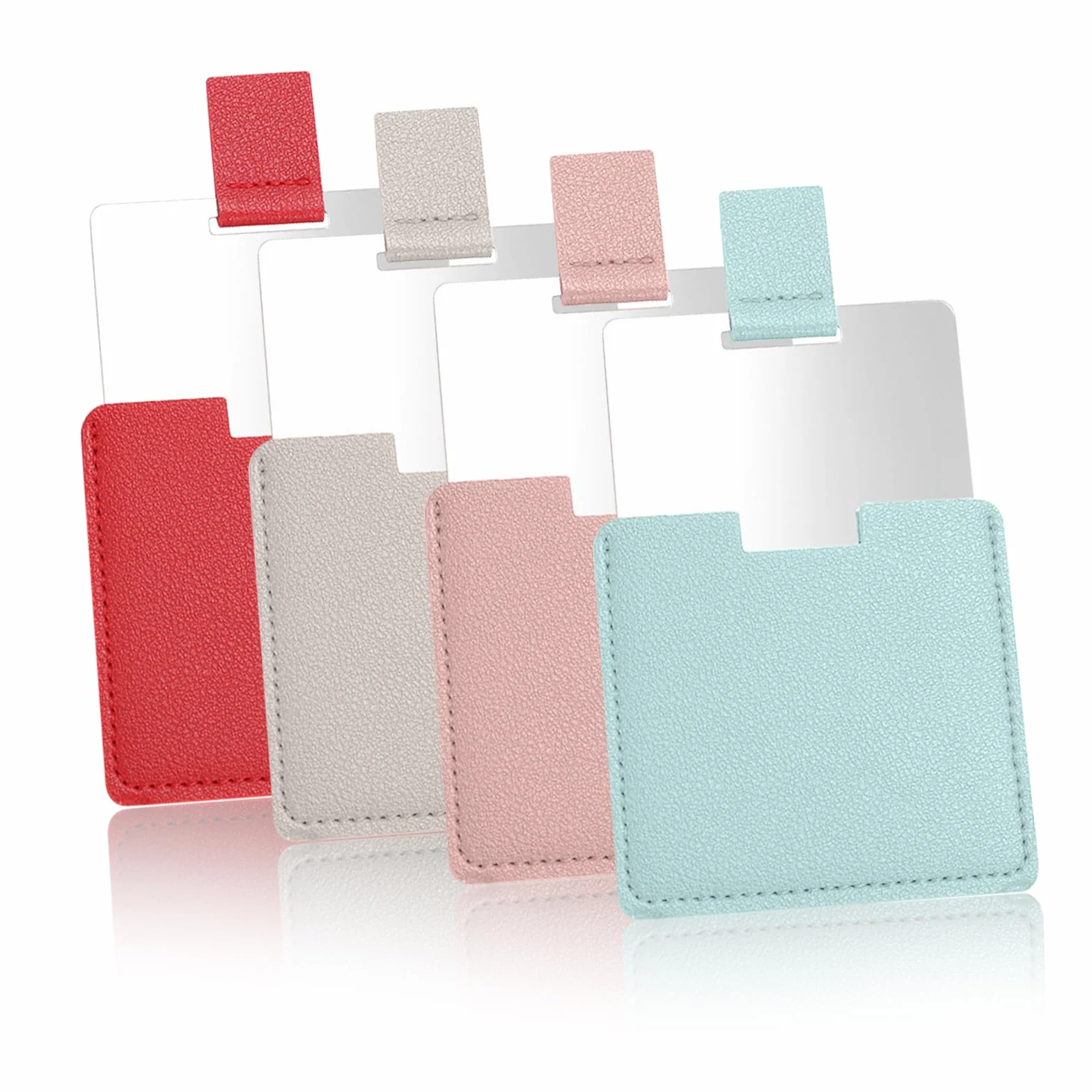 Set di 4 specchietti tascabili, in acciaio inox, con custodia, in metallo lucido, 6,5 x 7 cm