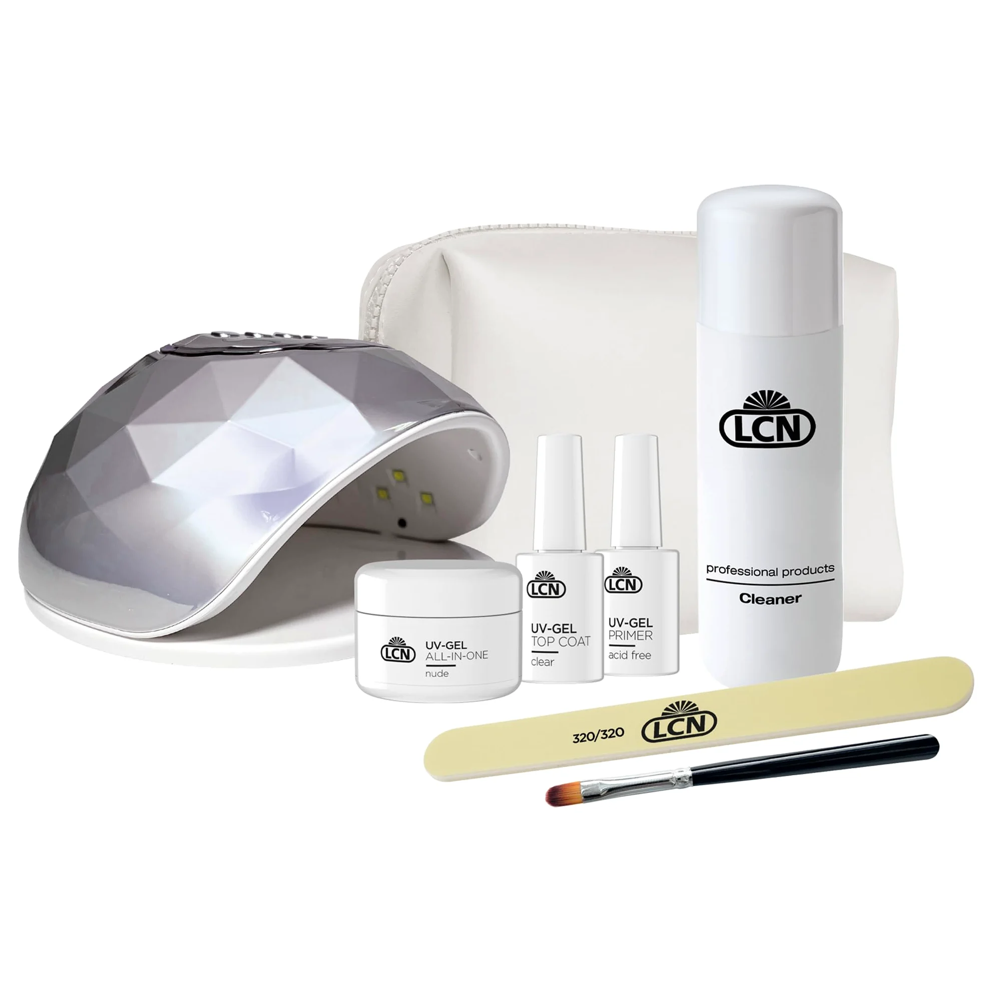 LCN Set di base in gel UV, set per nail art per principianti per unghie in gel, pacchetto completo per unghie perfette, con lampada LED UV, vegano, privo di acidi e HEMA