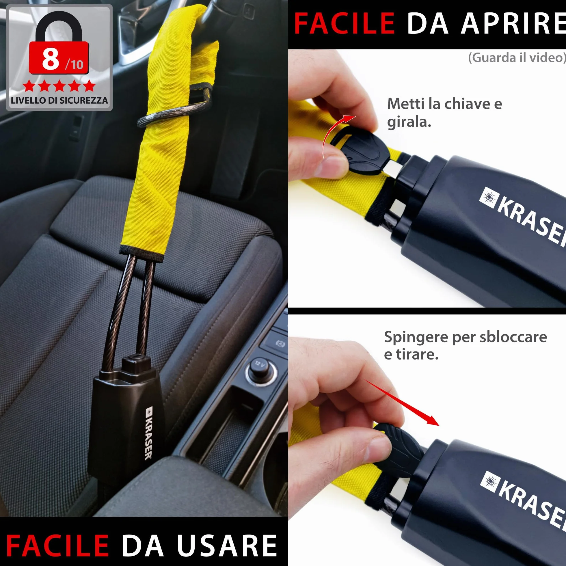 KRASER KR882Y Antifurto Auto Blocca Volante Cintura Alta Sicurezza Cavo Acciaio Universale