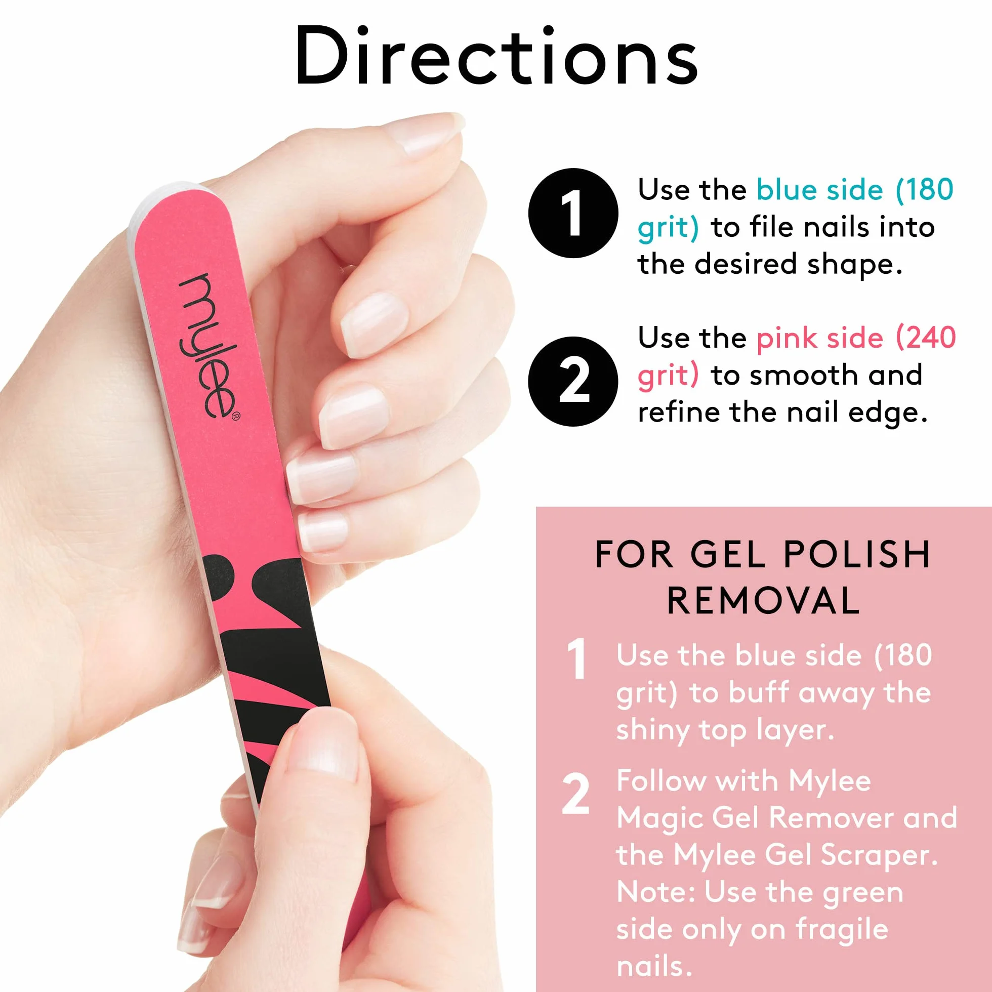 Mylee Lima per unghie doppia (confezione da 3) - Lima professionale per manicure, Modella, sagoma e ripara, Grana 180/240, Adatta per unghie acriliche, naturali e smalto gel semipermanente