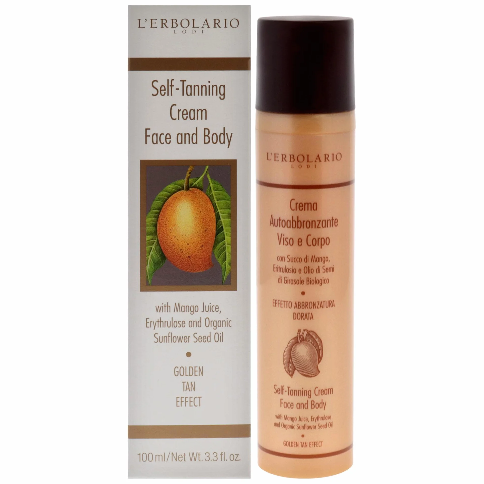 L'Erbolario Crema Autoabbronzante Viso e Corpo 100ml - Succo di Mango, Ritrulosio, Olio di Semi di Girasole Biologico - Abbronzatura Dorata AIRLESS Made in Italy