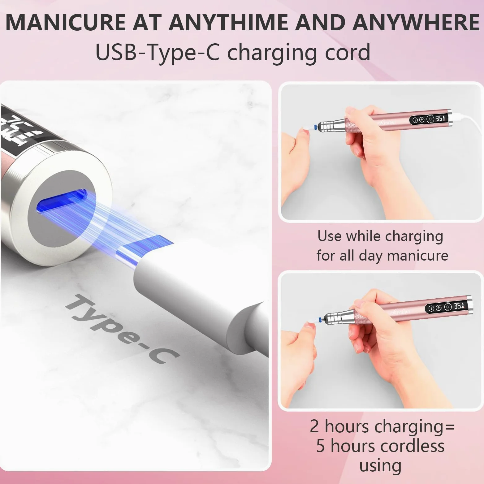 Kredioo Fresa per Unghie Professionale 35000RPM, Cordless e Ricaricabile | LED, Portatile Trapano Elettrico, Lima Elettrica per Manicure e Pedicure, Kit 6 Punte Fresa Unghie, Rosa