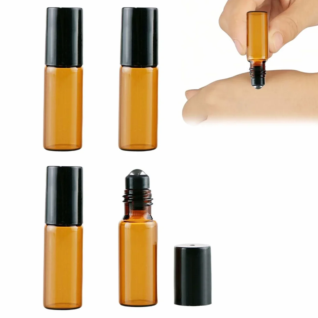 Roll on Essential Oli Oli,4 Pezzi Roll On Vuoto per Oli Essenziali 5ml, con sfera a rullo in acciaio inox, Riutilizzabile, Boccette Vetro per Oli, Profumi, Cosmetici, Aromaterapia