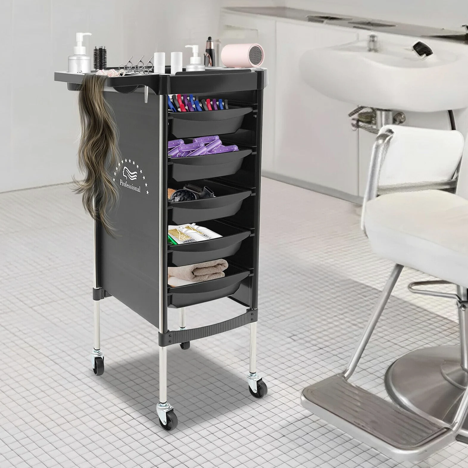 Carrello per Parrucchiere TRIEBAN Pieghevole con 5 cassetti per Parrucchieri, saloni di Bellezza (Nero)