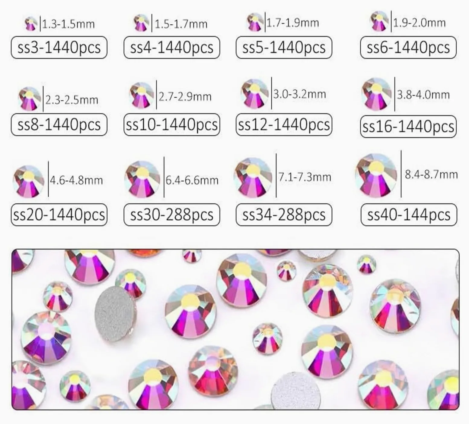 di un diamante di cristallo, Gemme for unghie con strass Crystal AB Flatback Multicolor SS4-SS30(Champagne AB,SS8-1440pcs)