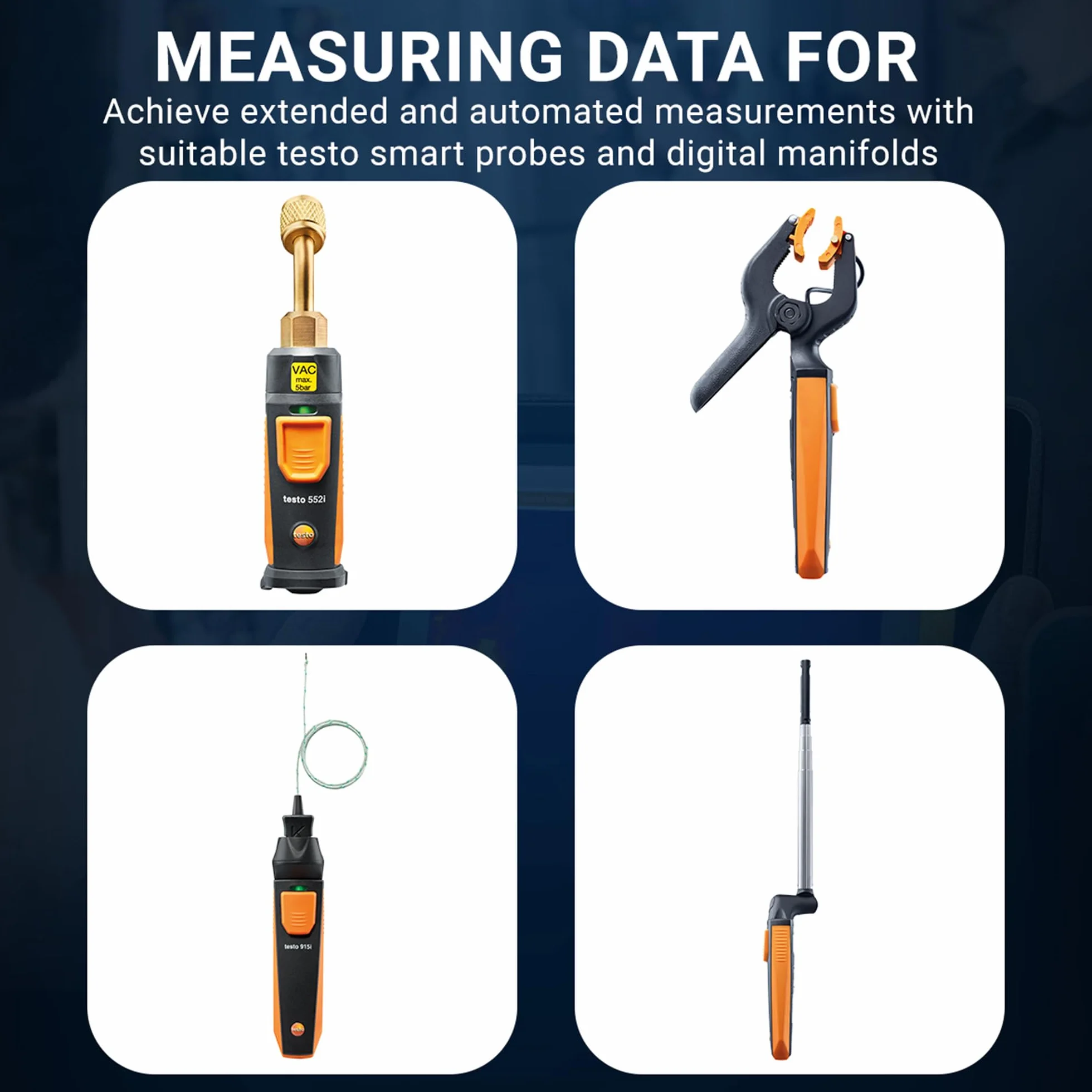 Testo 550s Kit HVAC Digital Manifold with App, 2x Testo 115i Thermometers, 1x Testo 552i Micron Meter, 3 Hose Set, Bluetooth, Black