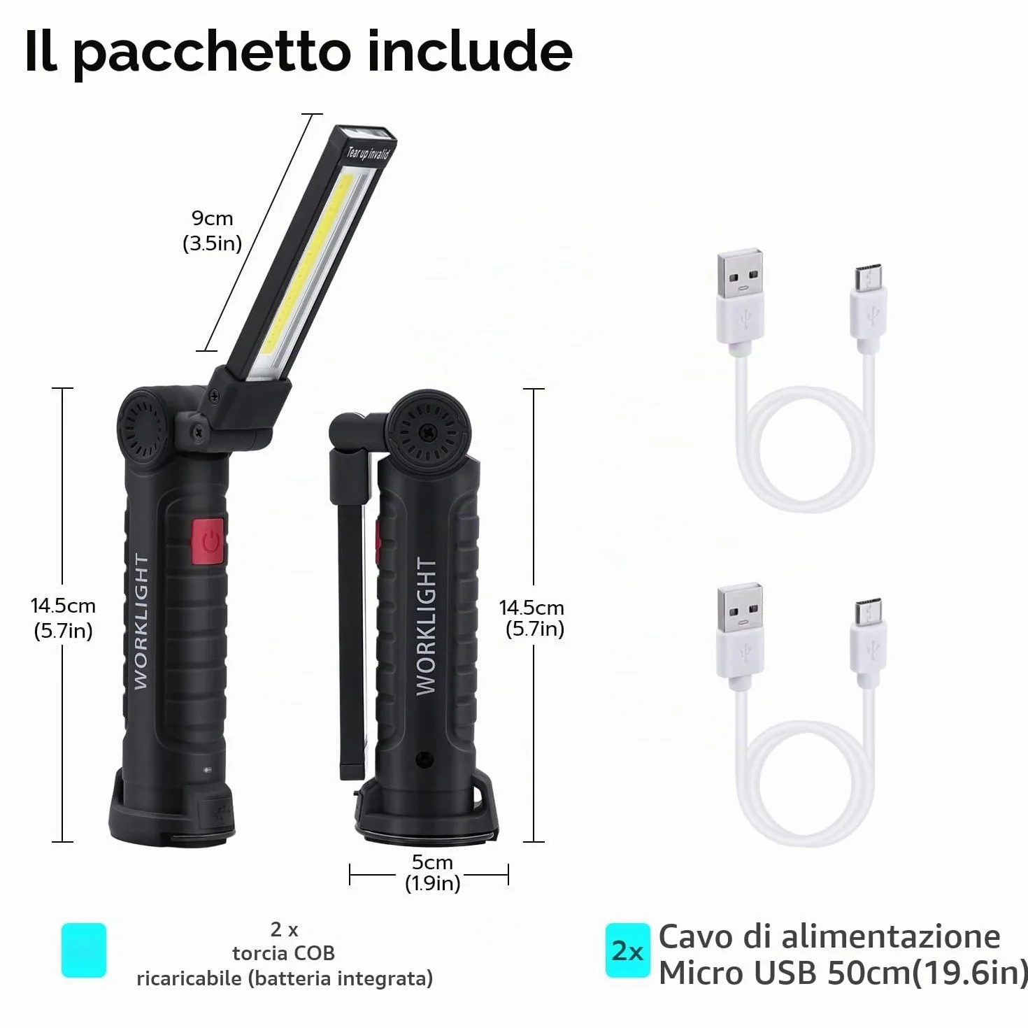 Torcia Magnetica Ricaricabile USB COB 5 Modalità Portatile con Gancio per Campeggio Esterna Autofficina