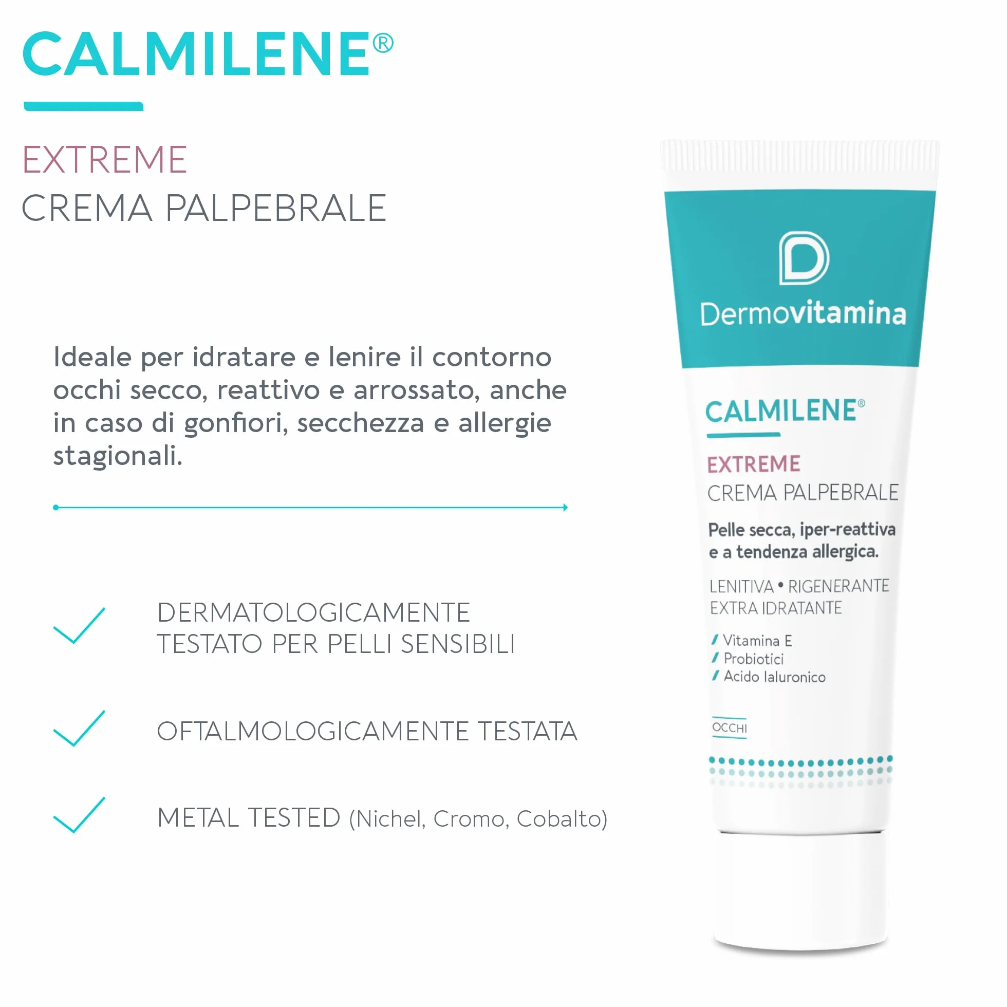Dermovitamina Calmilene Extreme Crema Palpebrale - Contorno Occhi Pelle Secca e Reattiva - Crema Contorno Occhi Idratante - Con Vitamina E, Probiotici e Acido Ialuronico - Rapido Assorbimento - 15ml