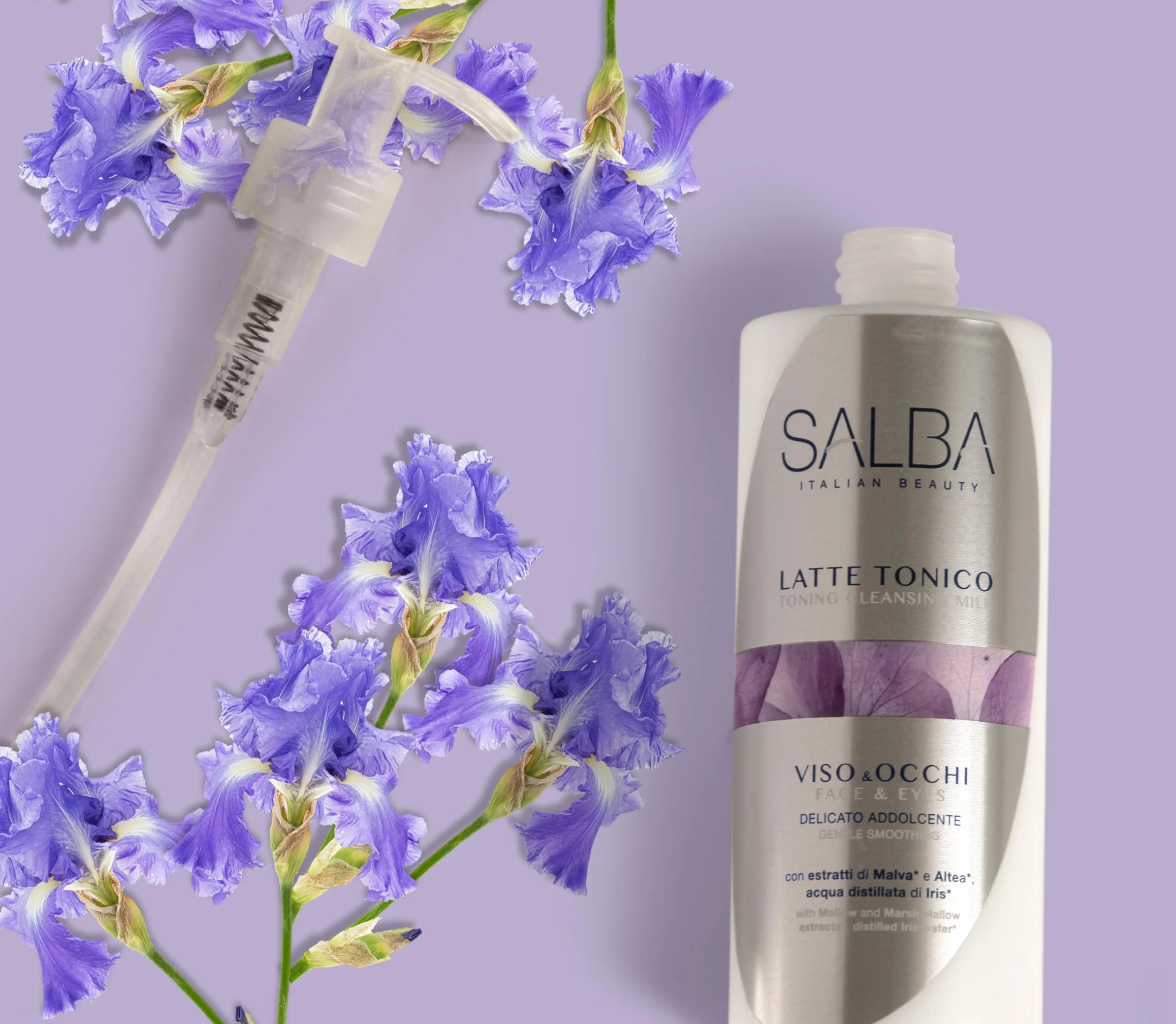 SALBA Latte Tonico Viso & Occhi Detergente Struccante Delicato Addolcente, Texture Soffice e Cremosa, con Estratti di Malva e Altea, Acqua Distillata di Iris, per Tutti i Tipi di Pelle, 200 ml