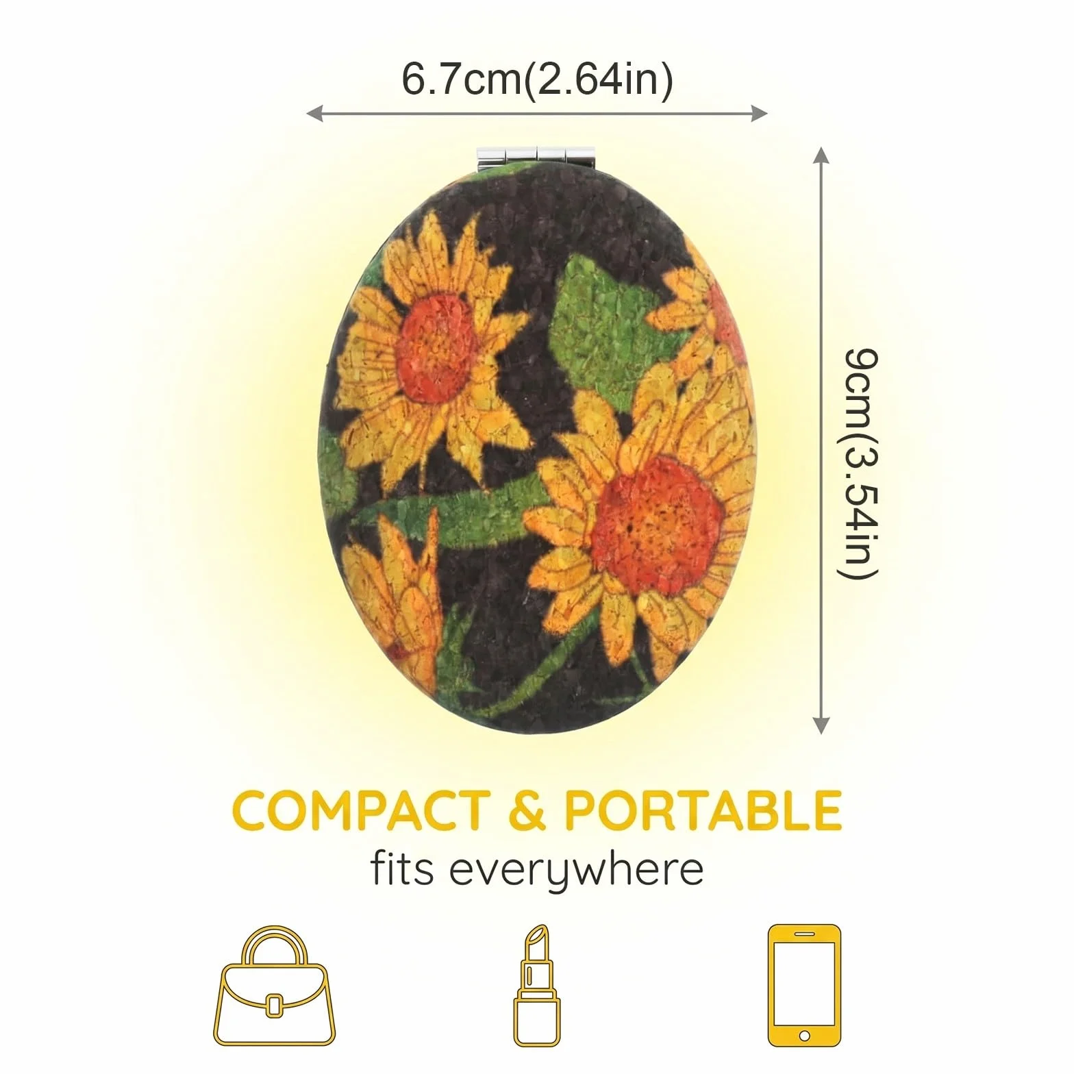 Specchio da Borsa Pieghevole con Girasole, Specchietto Trucco Portatile Vintage in Metallo e Vetro, Nero e Giallo