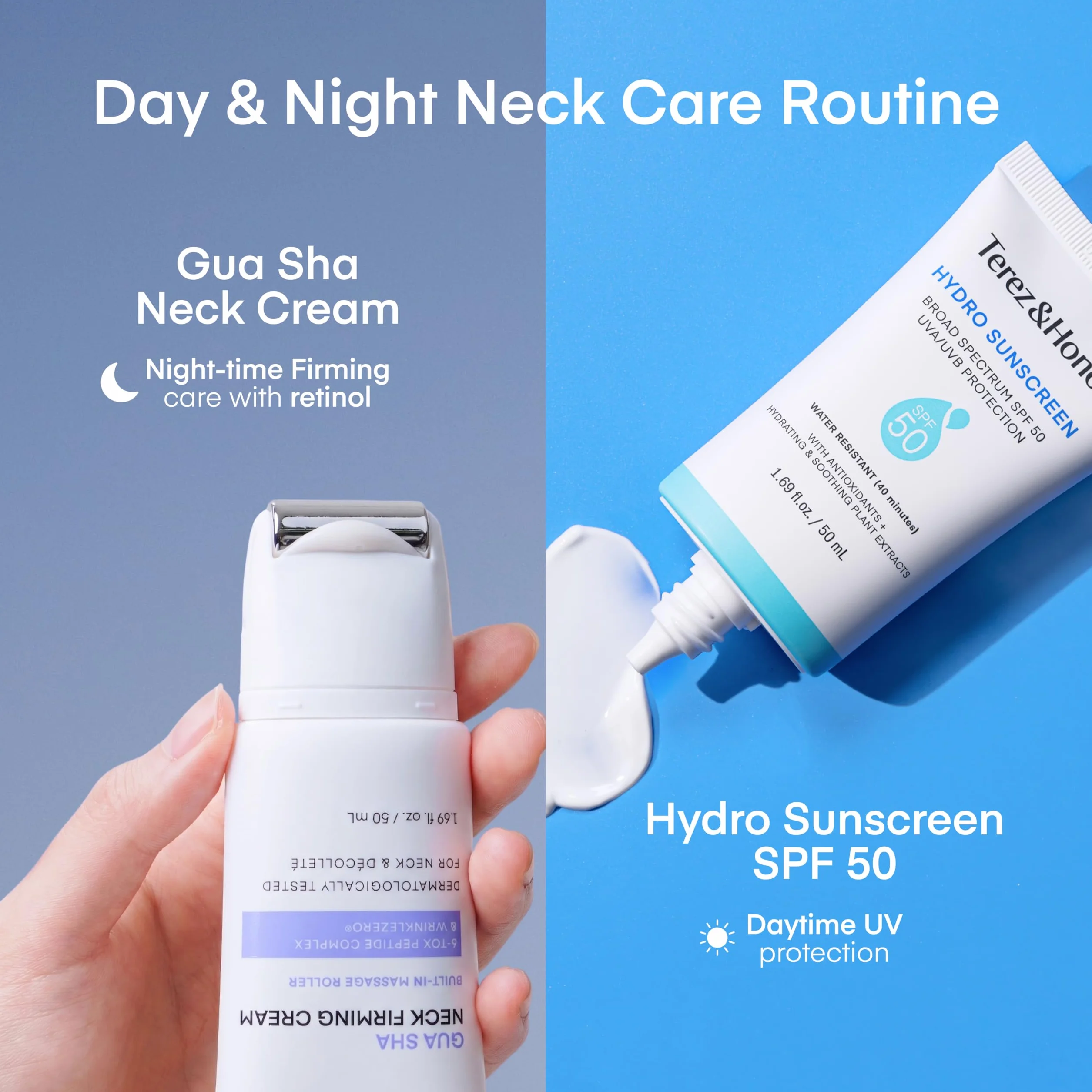 TEREZ & HONOR Gua Sha Neck Firming Cream: Korean Skin Care, Retinol, Collagen & GHK-CU Copper Peptide - Tightening & Lifting for Neck, Face & Décolleté with Built-In Massage Roller 50mL