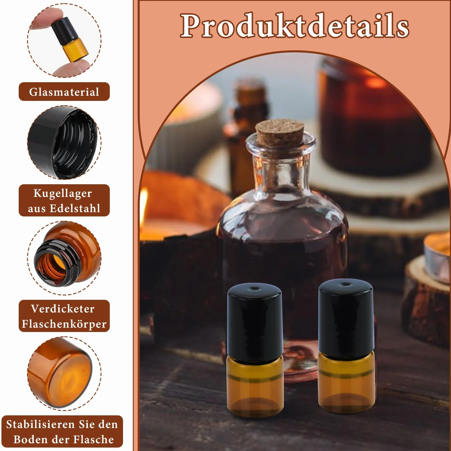 52 pezzi Mini bottiglie Rulli Marrone Vetro, 2ml Rotolo Bottiglie Vetro con palle Rulli in acciaio inossidabile, Bottiglia Rulli Ambra,2ml Roll on Vuoto, per oli, miscele