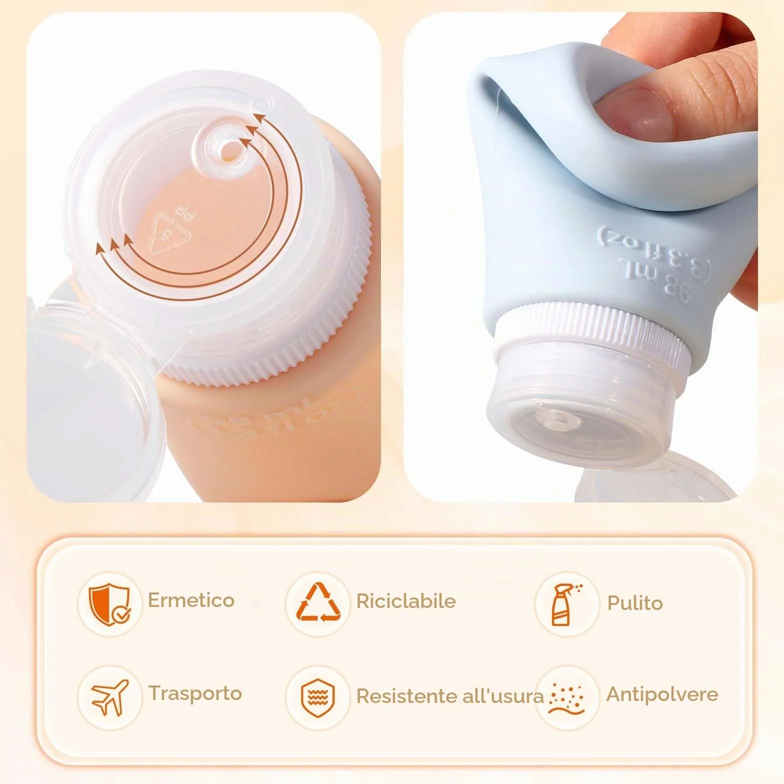 Diboniur Flaconi da Viaggio in Silicone 4 Pezzi 98ml per Shampoo Crema Lozione