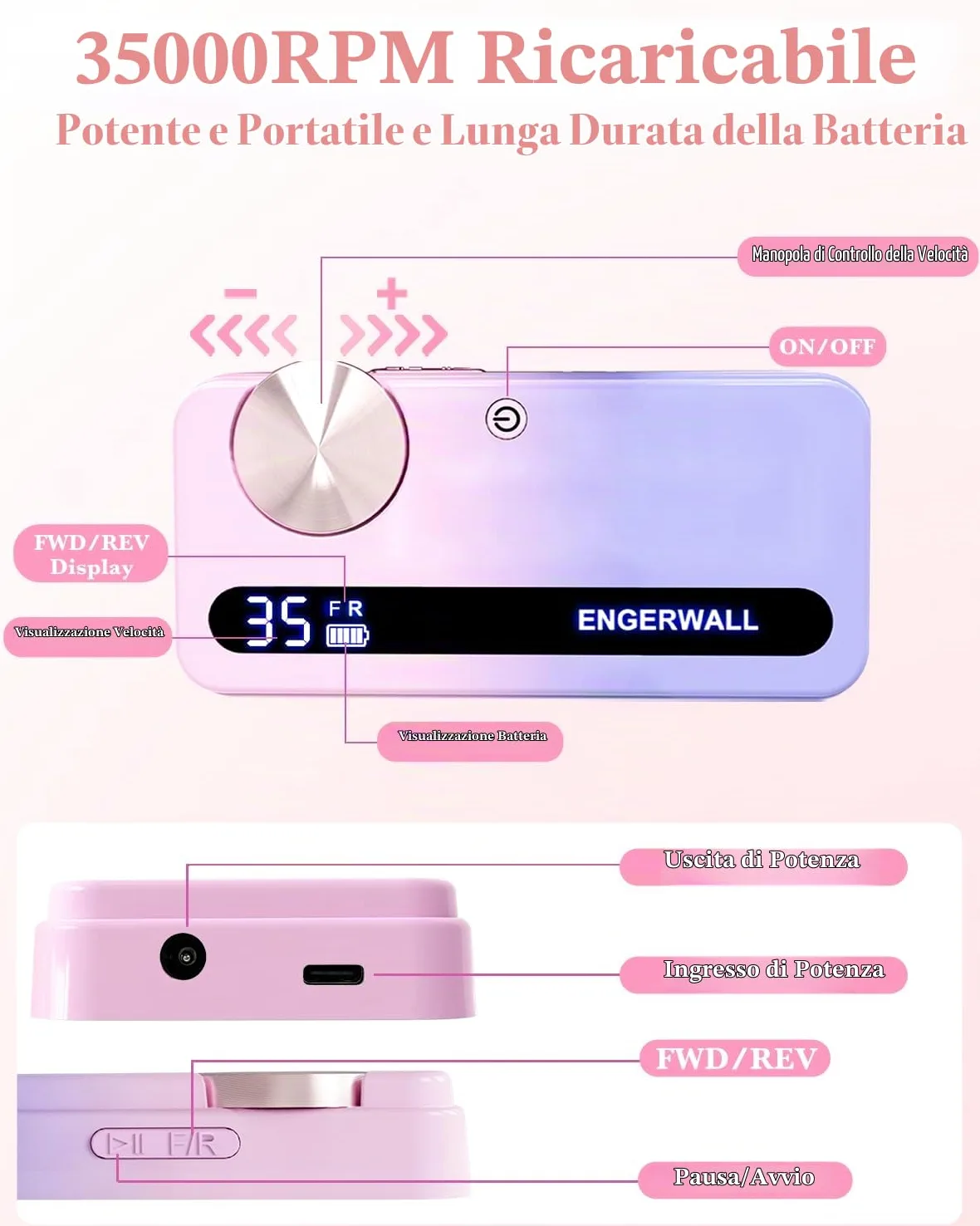 Fresa per Unghie Professionale 35000 Giri/min, Lima Elettrica Ricaricabile per Unghie Gel e Acrilico, Kit Manicure Pedicure Portatile Senza Fili con 7 Punte e 56 Nastri Abrasivi, Blu Rosa