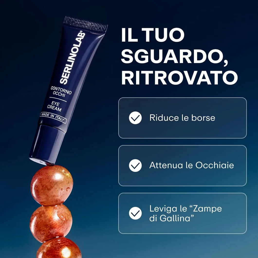 SERLINOLAB Contorno Occhi uomo,Crema Anti Borse, Occhiaie e Rughe con Acido Ialuronico, Caffeina e Argilerine, Trattamento Sguardo Fresco e Riposato, 15ml
