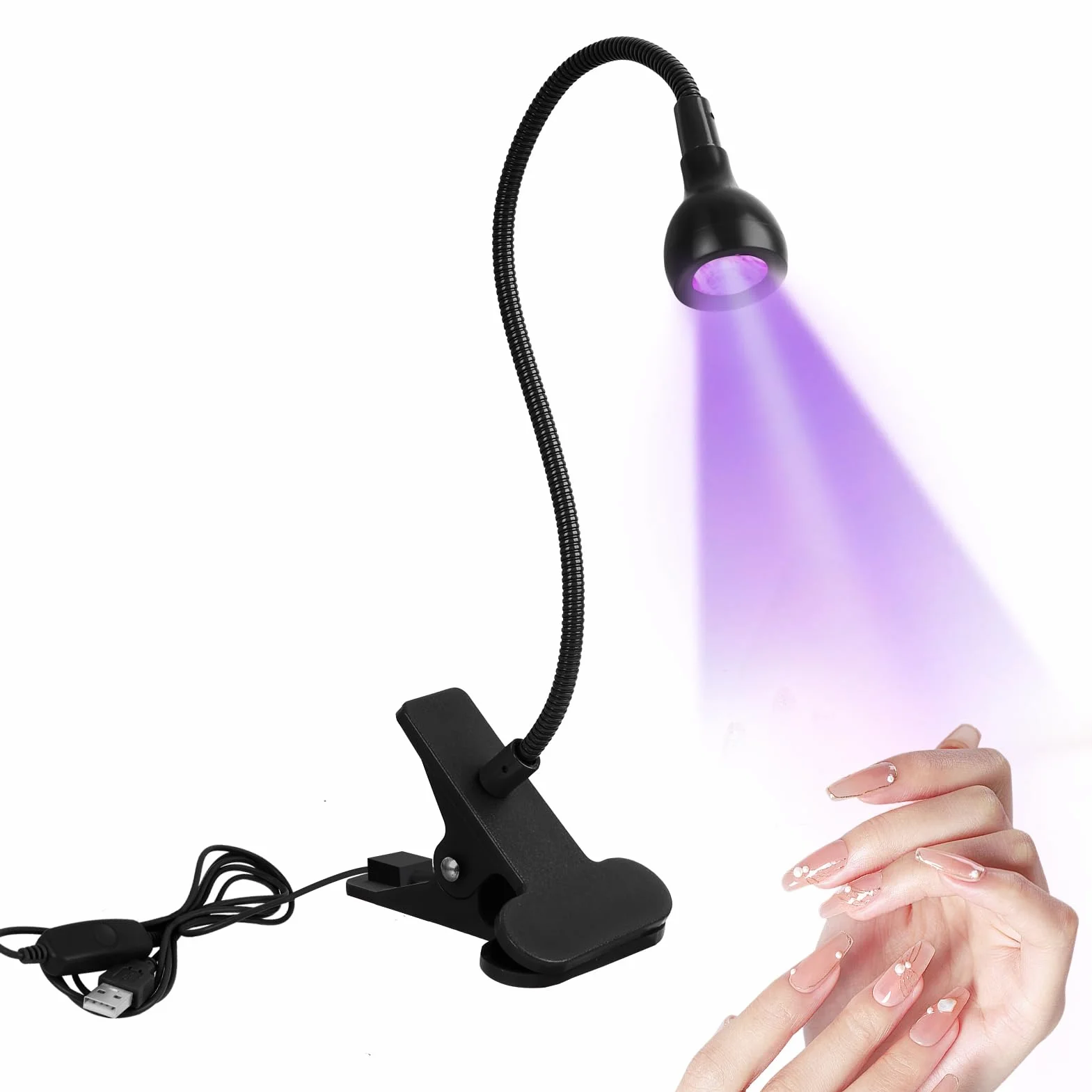 Lampada UV LED Unghie 5W Mini Portatile con Clip, 360° Testa Regolabile per Gel Resina Colla UV, USB Nero