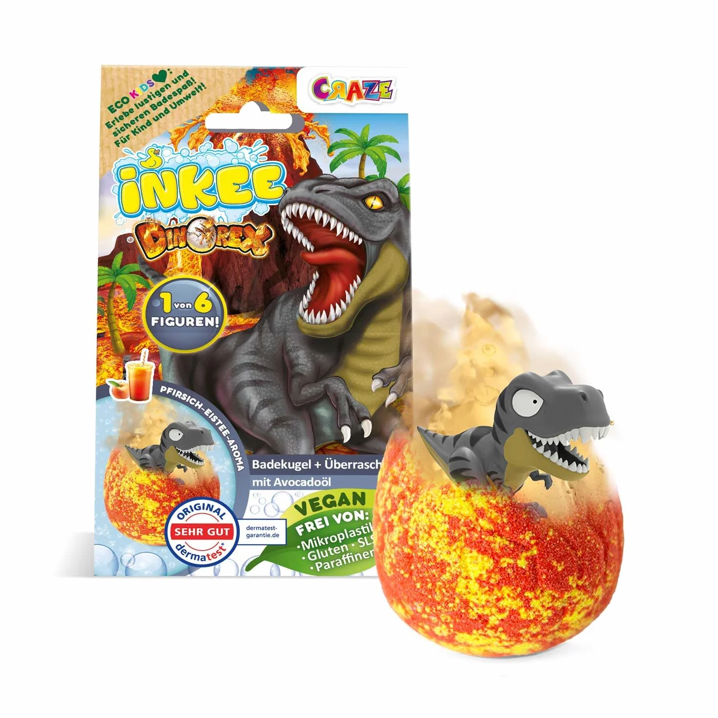 INKEE Bombe da bagno bambini con dinosauro sorpresa, bath bombs 100g profumo pesca e avocado, bombe bagno bambini naturali e idratanti