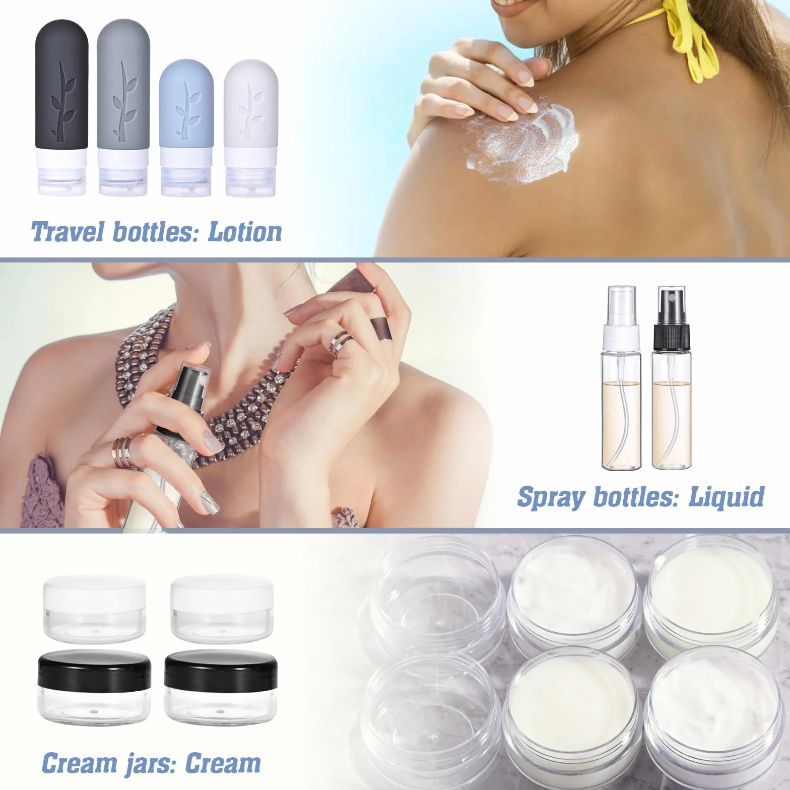 Kit Viaggio Liquidi, 16 Pezzi Contenitori da Viaggio in Silicone, Contenitori Accessori per Shampoo, Lotion e Cosmetici, Mini Size da Viaggio (Nero)