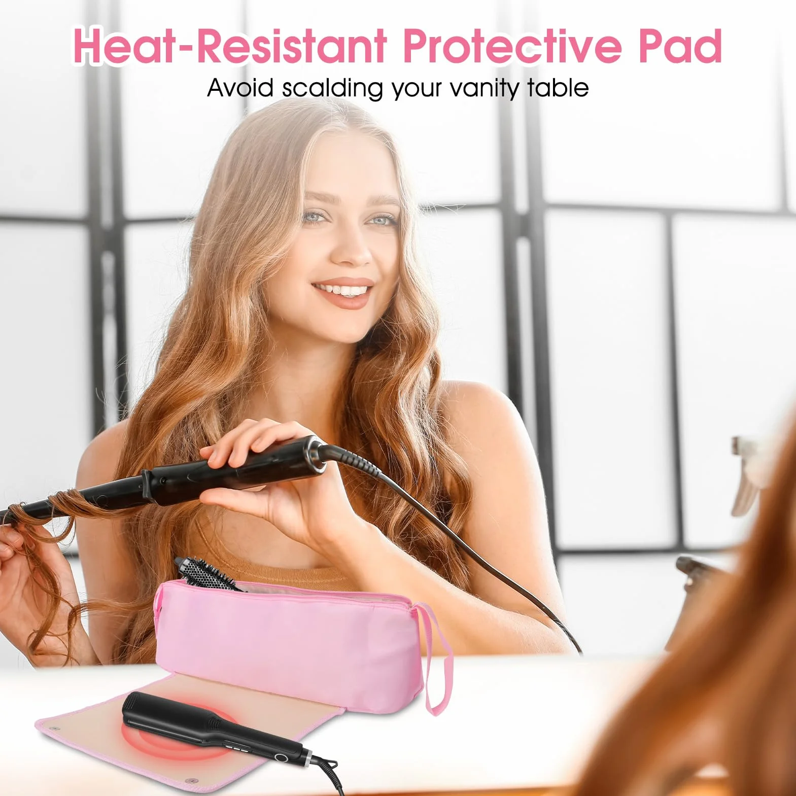 Gugxiom Borsa da viaggio per acconciature con base resistente al calore, borsa 2 in 1, grande capacità per arricciacapelli, piastre per capelli, asciugacapelli e spazzole ad aria calda (rosa)