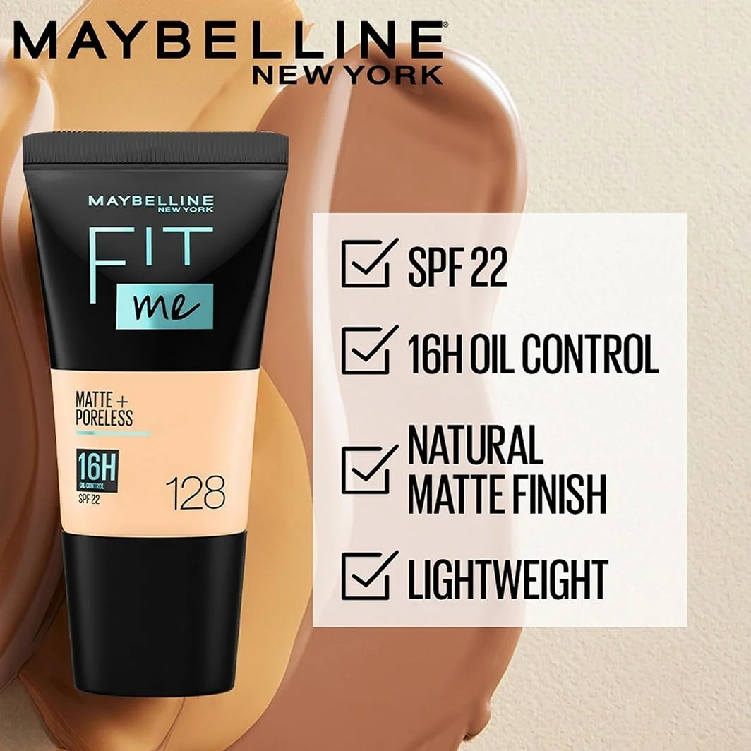 2 x Maybelline Fit Me Matte & Poreless 16 Hour Foundation Tube 18ml – 128 Warm Nude