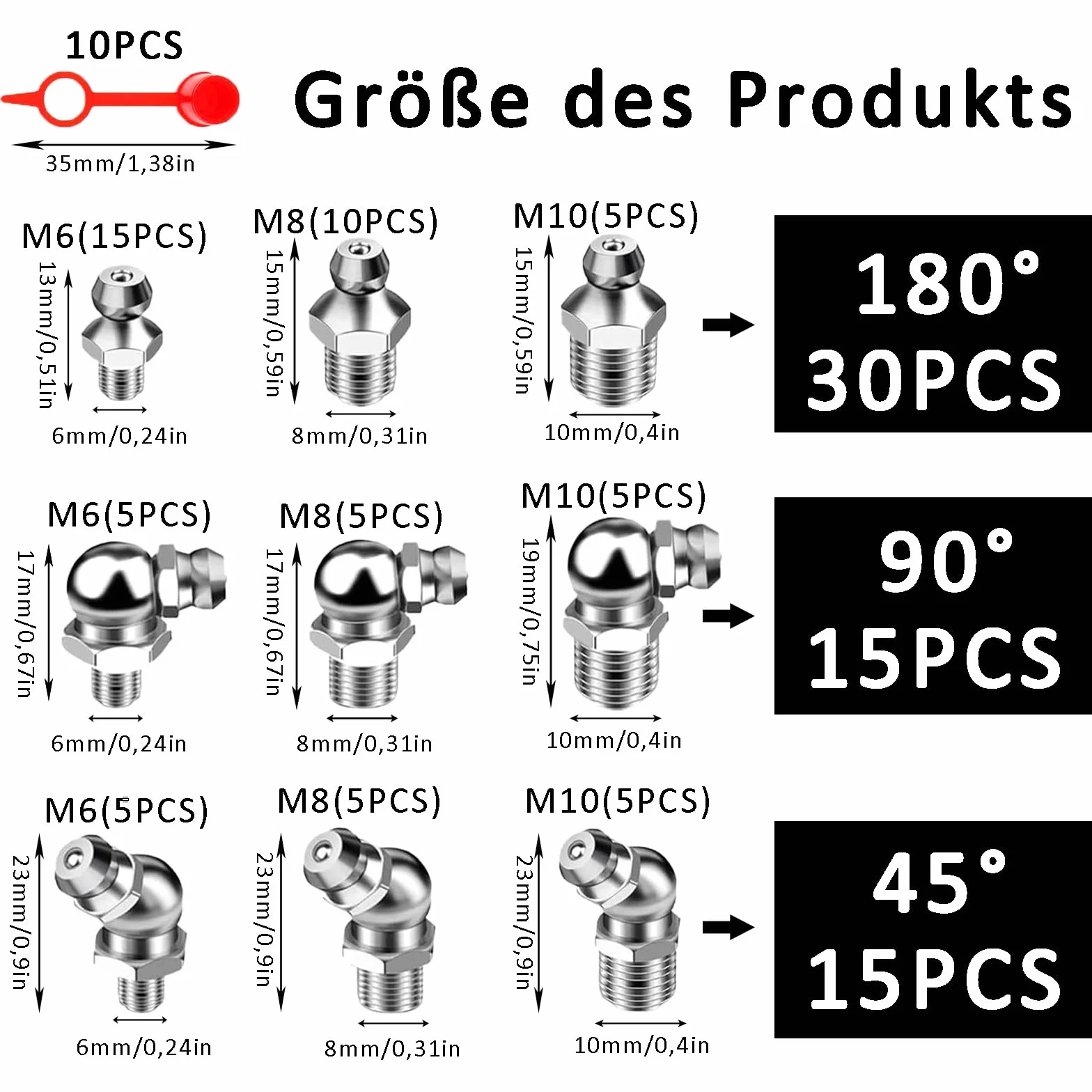 Set di Ingrassatori M6 M8 M10 60 Pezzi Raccordo in Metallo Dritto Angolato 45° 90° Tappo