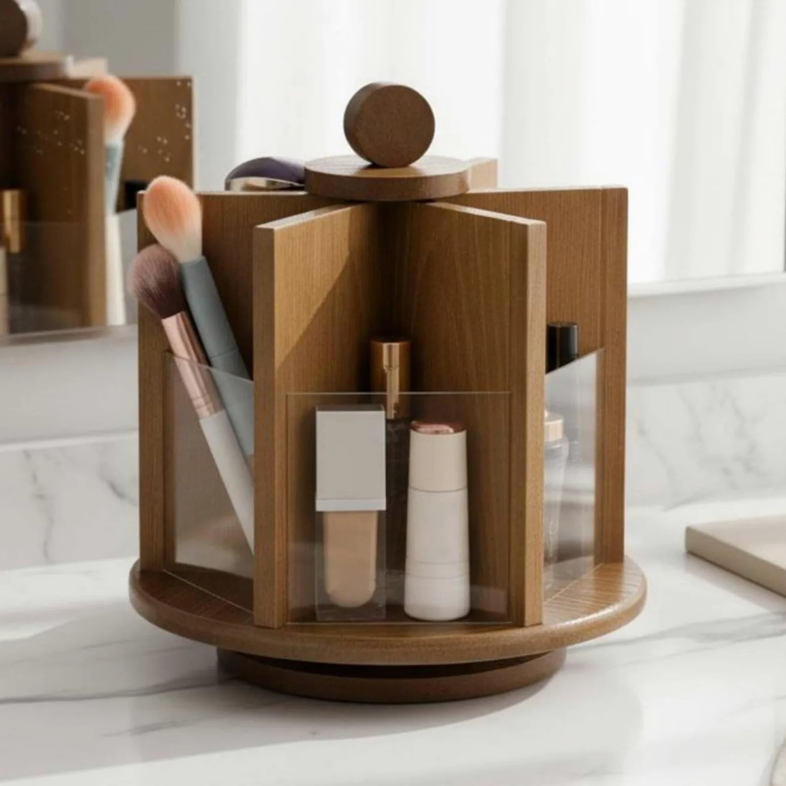 Organizer Rotante Porta Cosmetici Porta Trucco Porta Pennelli Porta Gioielli Realizzato in Bambù E Acrilico con Rotazione a 360 Gradi Adatto per Donna Scrivania Casa, Brown