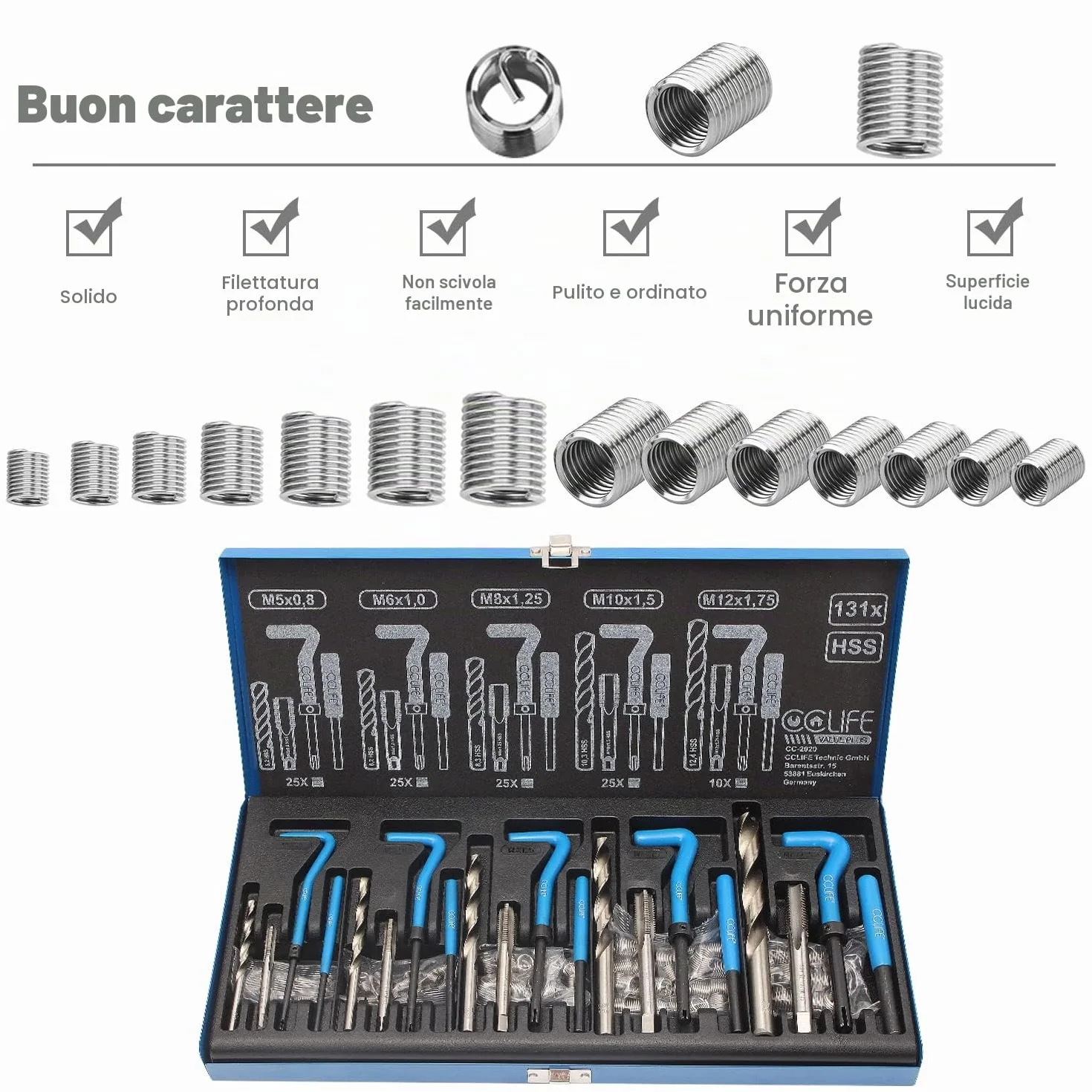 CCLIFE Kit Riparazione Filettatura Helicoil Set Inserti 131 Pezzi M5 M6 M8 M10 M12