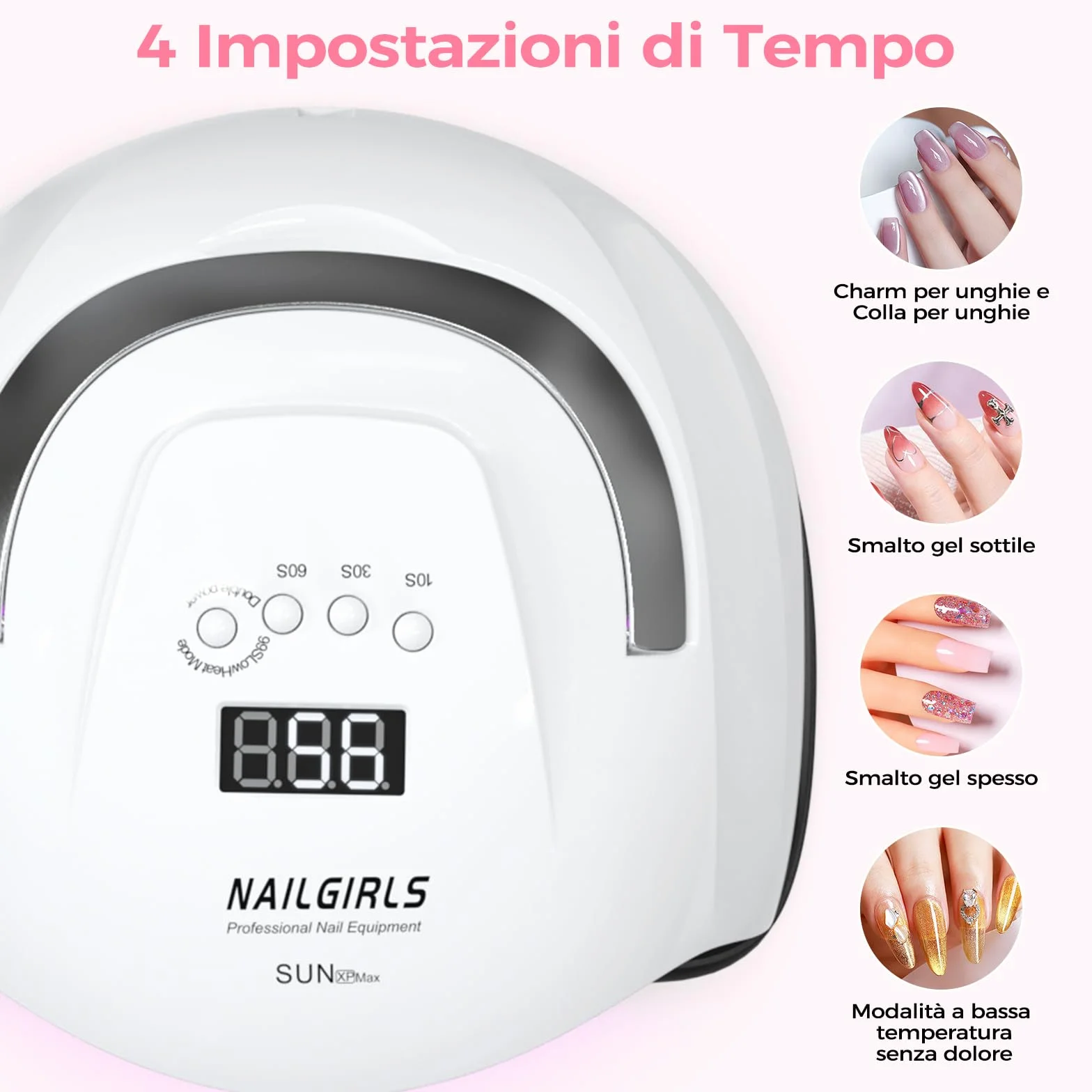 NAILGIRLS Lampada UV per Unghie 268W Portatile Asciuga Smalto LED 4 Modalità Timer Display LCD