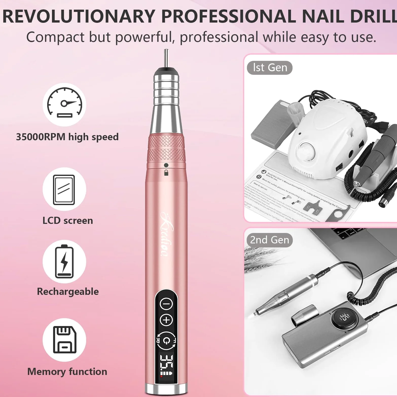 Kredioo Fresa per Unghie Professionale 35000RPM, Cordless e Ricaricabile | LED, Portatile Trapano Elettrico, Lima Elettrica per Manicure e Pedicure, Kit 6 Punte Fresa Unghie, Rosa