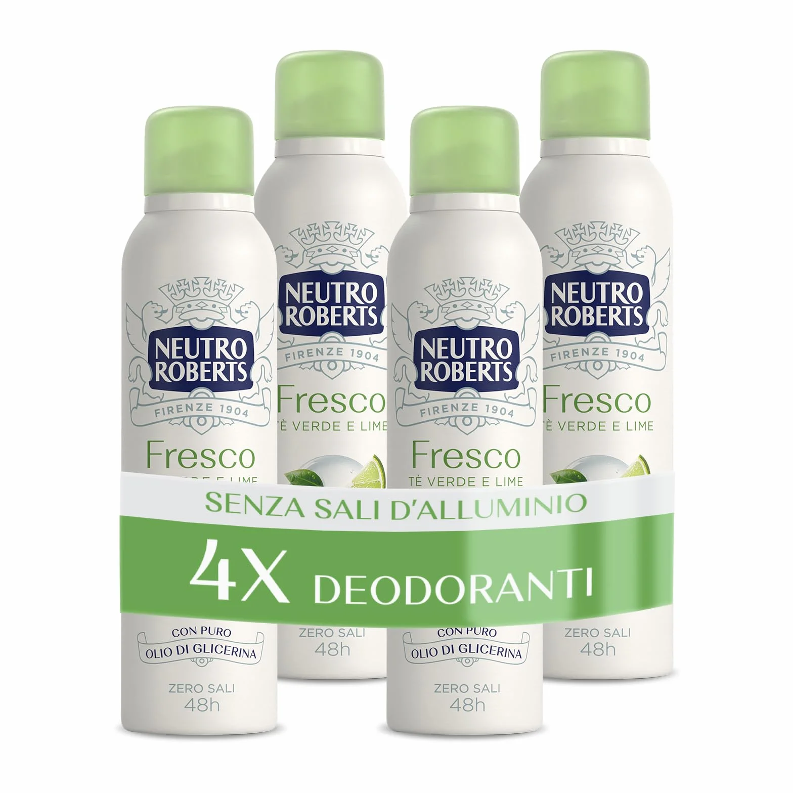 Neutro Roberts Deodorante Spray Fresco Verde Tè Verde e Lime Zero Sali di Alluminio 48h 4 Pezzi 150 ml