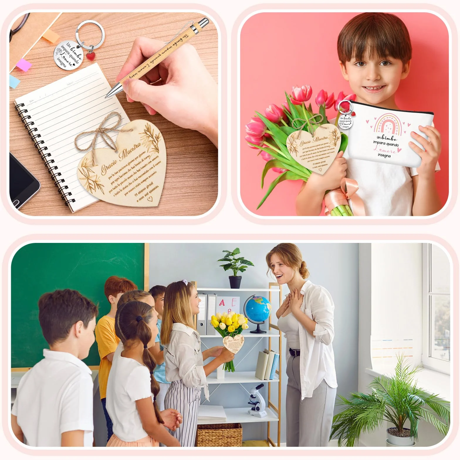 Jadive Set Regalo Maestra Fine Anno Borsa per Cosmetici Portachiavi Biglietto di Ringraziamento a Forma di Cuore in Legno Penna a Sfera in Legno Regalo Creativo Addio per Insegnante