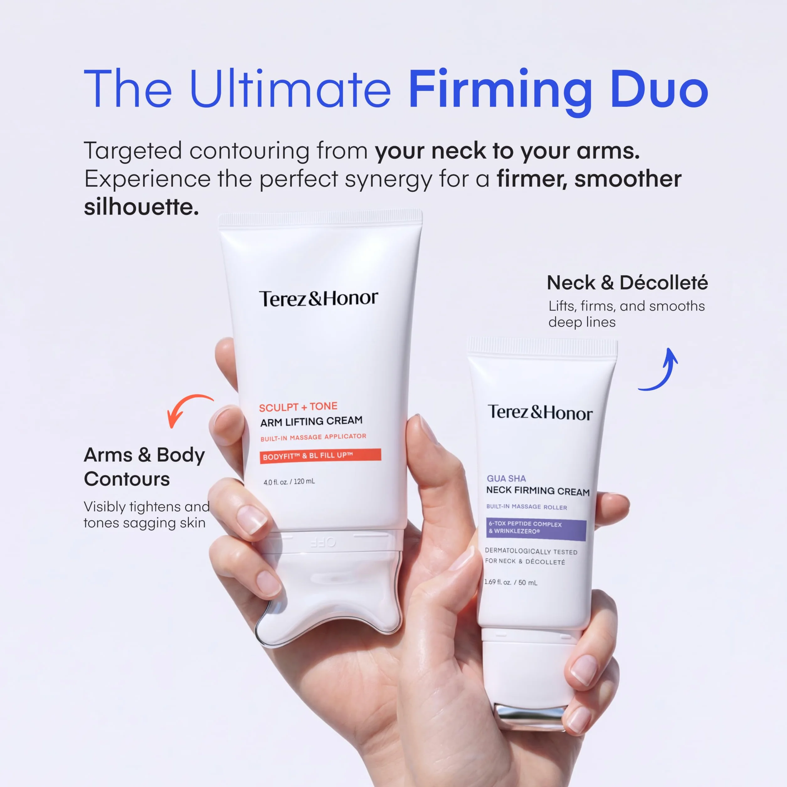 TEREZ & HONOR Gua Sha Neck Firming Cream: Korean Skin Care, Retinol, Collagen & GHK-CU Copper Peptide - Tightening & Lifting for Neck, Face & Décolleté with Built-In Massage Roller 50mL